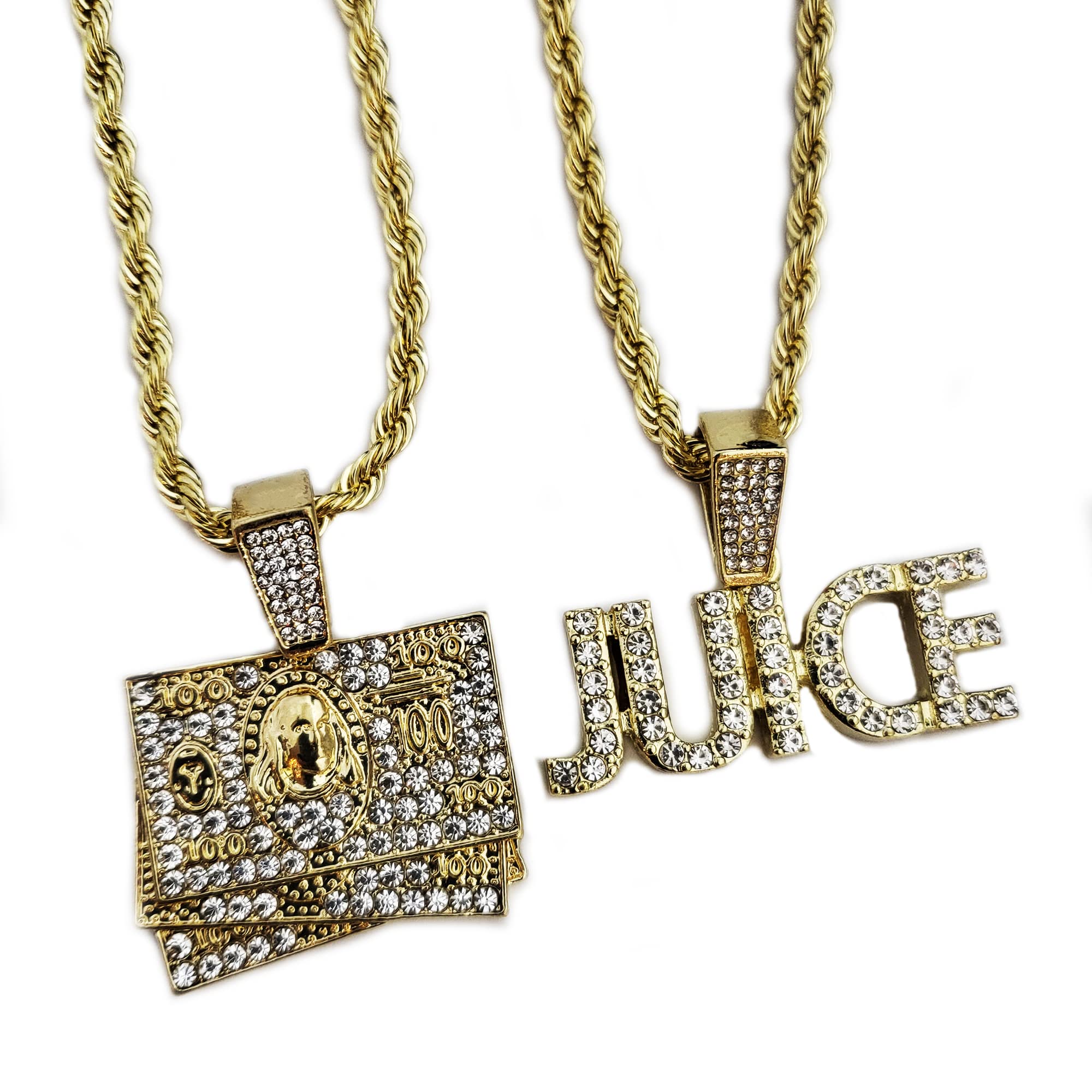 Hip Hop Jewelry Set - Iced $100 Bill & JUICE Pendant with 4mm 24