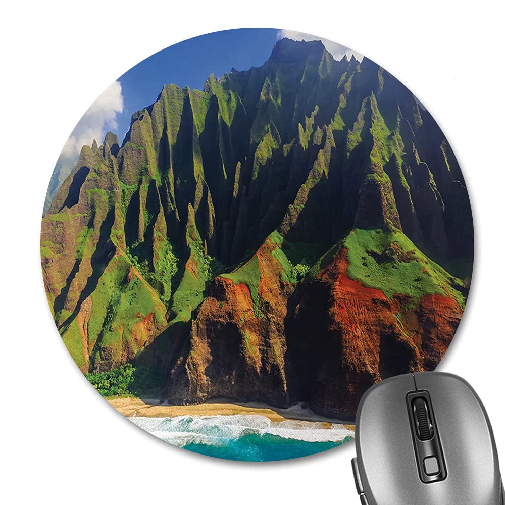 Knseva Hawaiian Round Mouse Pad - Aerial View of Na Pali Coast Kauai Hawaii Scenic Landscape | Non-Slip Rubber Base | Perfect for Office, Gaming & Home Computer Use