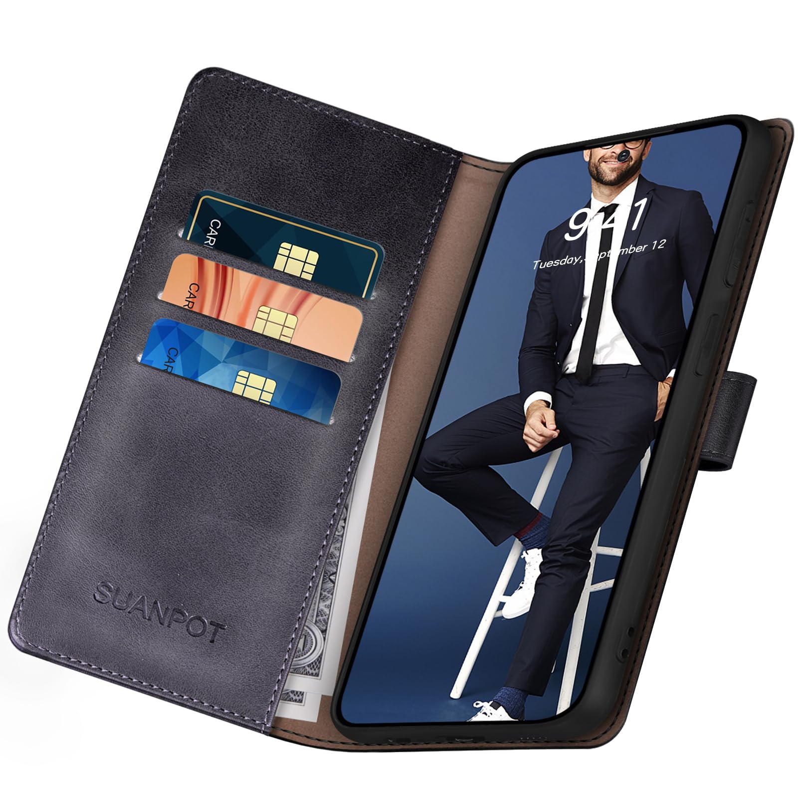 SUANPOT Samsung Galaxy S25 Ultra Case with RFID Blocking & Credit Card Holder - PU Leather Flip Book Protective Cover for Men & Women | Perfect for Business Travel, Commuting & Everyday Use (Black)