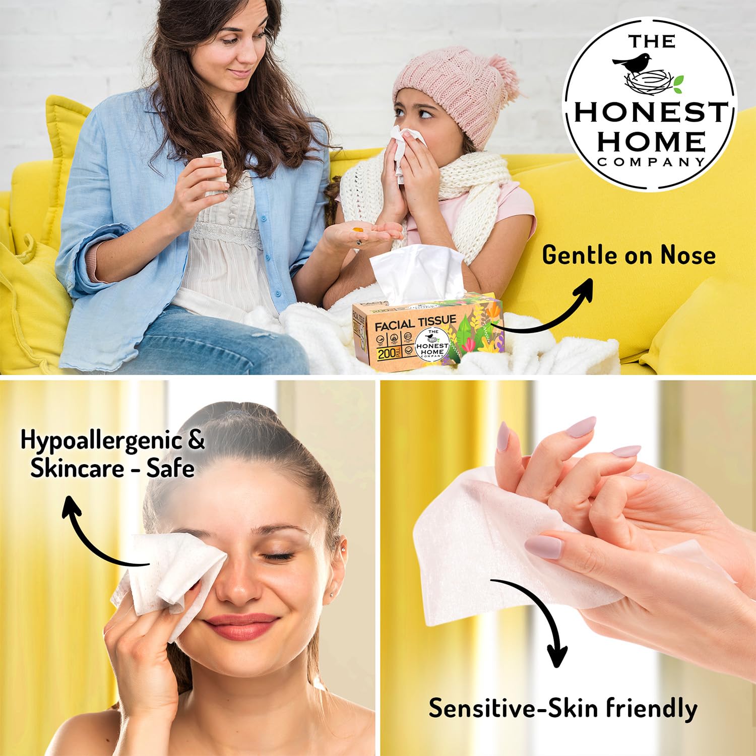 The Honest Home Company | Soft 2-Ply Facial Tissues Box - 200 Tissues per Box (Pack of 3) | Hard Box with Easy Pull Design | 600 Tissues Total | Perfect for Home, Office & Travel Use