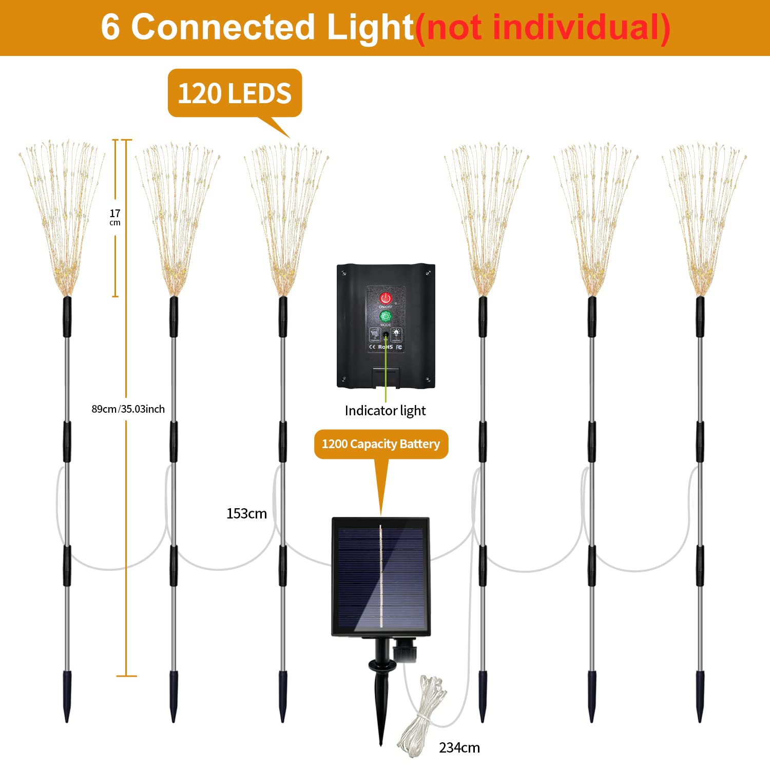 6 Pack Solar Garden Lights Outdoor - 120 LED Waterproof Firework Lights with Remote, 8 Lighting Modes for DIY Landscape Decor | Warm White Pathway & Backyard Lighting for Lawn, Garden, Patio, Walkway