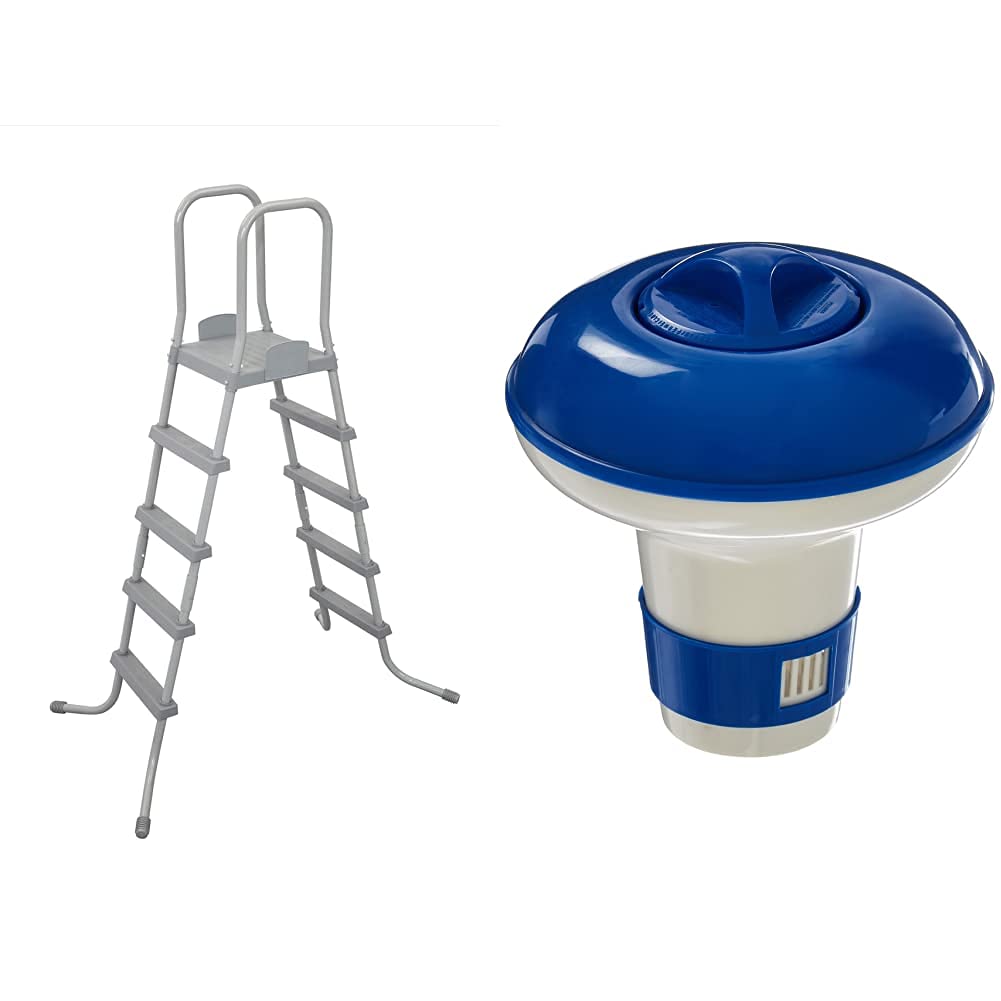 Bestway 58337E 52-Inch Heavy Duty Steel Above Ground Pool Ladder with Non-Slip Steps, Safety Arm Rails & Barrier - Perfect for Backyard Swimming Pools | HydroTools by Swimline Floating Mini Tablet Spa Chemical Dispenser for Hot Tubs & Above Ground Pools