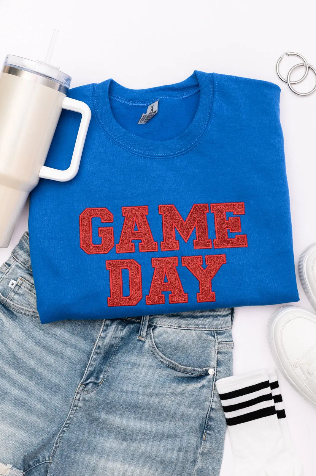 PREORDER: Embroidered Glitter Game Day Sweatshirt - Royal Blue & Red - Perfect for Football Tailgates, College Parties & Sports Fan Apparel