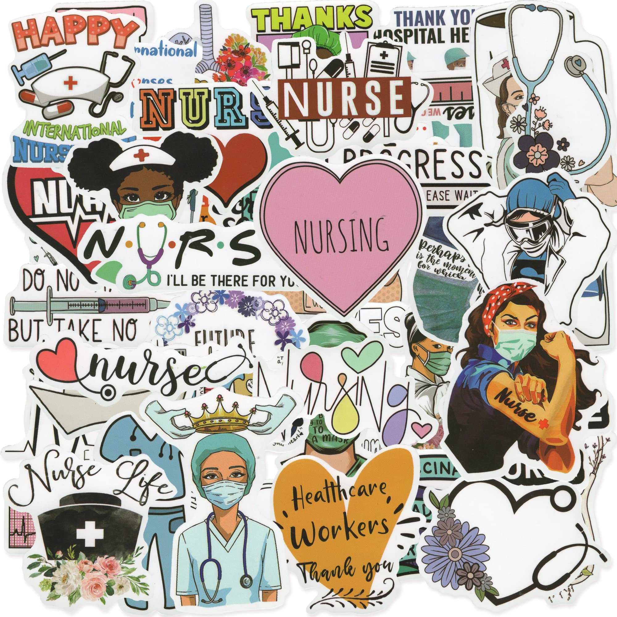Nurses Day Stickers - 50Pcs Cute Cartoon Nurse Decals for Scrapbooking, Laptops, Water Bottles & More | Vinyl Stickers for Teens, Adults, Boys & Girls | Perfect for Hydro Flask, Phone, Skateboard, Luggage Decoration