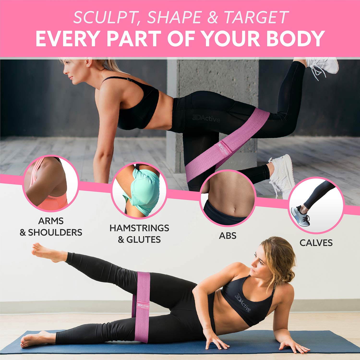 3DActive Fabric Resistance Bands for Legs & Butt Workouts - Non-Slip Hip Band Set for Home & Gym Training - Includes Exercise Guide & Carry Bag - Perfect for Squats, Yoga, Pilates & Strength Training