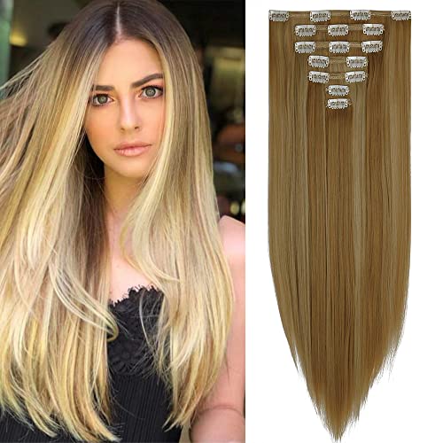 OMGREAT 23 Inch 7-Piece Clip-in Hair Extensions for Women - Long Straight Thick Human Hair Weft (Light Chestnut Brown) - 16 Clips for Secure Hold | Perfect for Volume, Length & Styling | Great for Parties, Weddings & Daily Wear