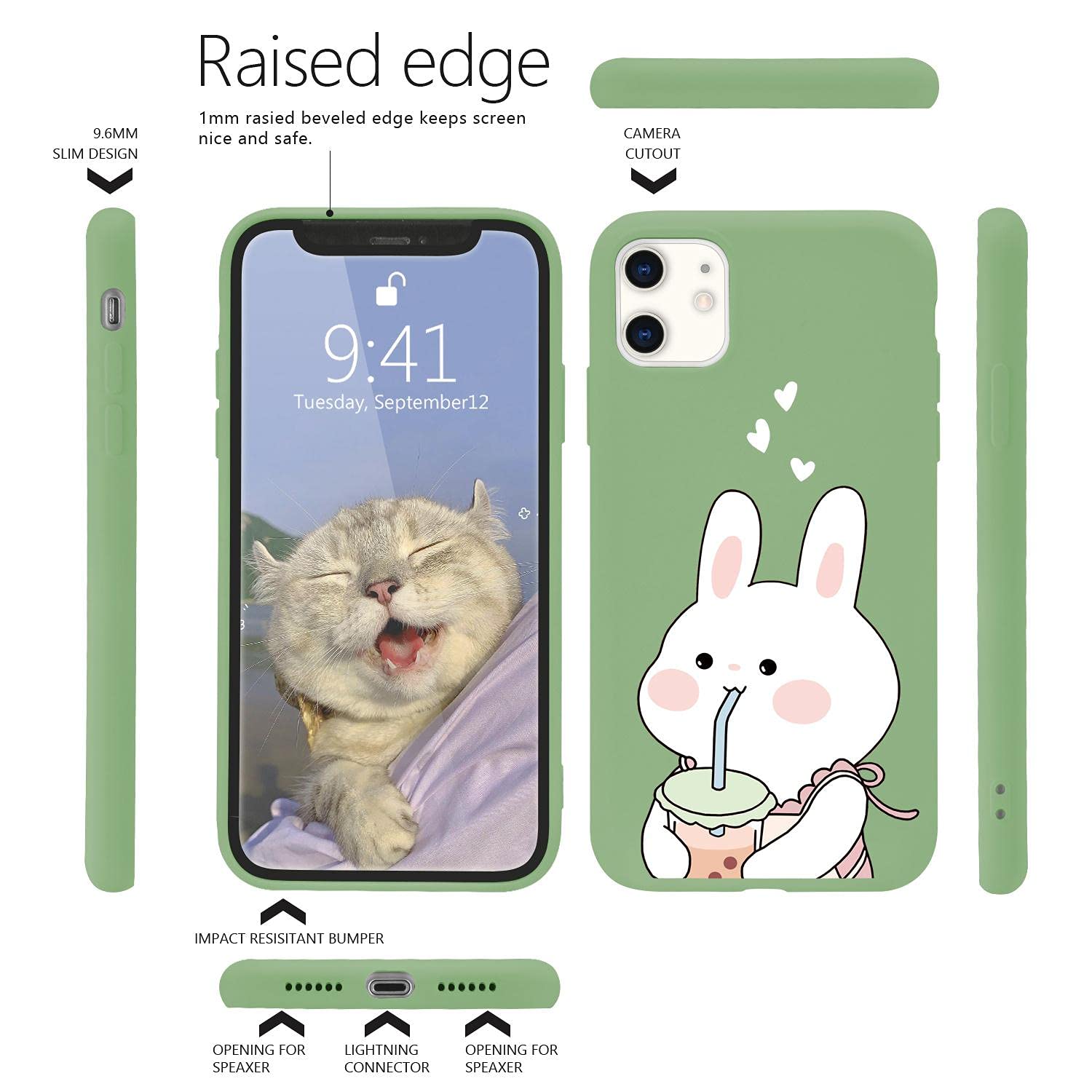 Cute Kawaii Bunny iPhone SE 2020 Case - Pearl Milk Tea Green Liquid Silicone Soft Gel Rubber Cover for iPhone 7/8 - Trendy Protective Phone Case for Women & Girls - Perfect for Daily Use, School, Work and Travel