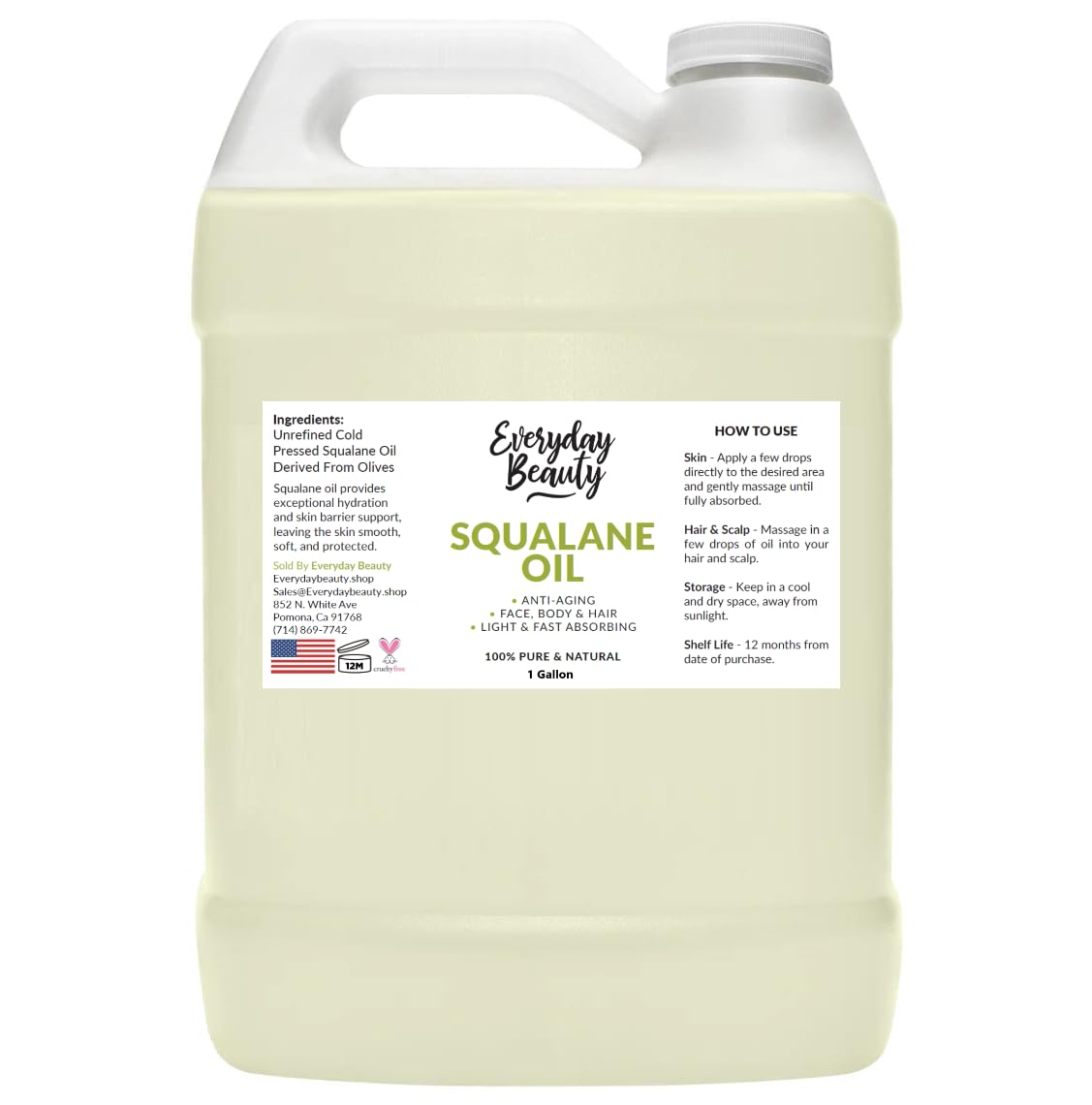 Pure Plant-Derived Squalane Oil - 1 Gallon Bulk Size, 100% Natural, Cold Pressed & Unrefined for Skin & Hair Care - Premium Moisturizing Oil for Face, Body, Scalp & DIY Beauty Products - Hydrates Dry Skin & Strengthens Hair Naturally