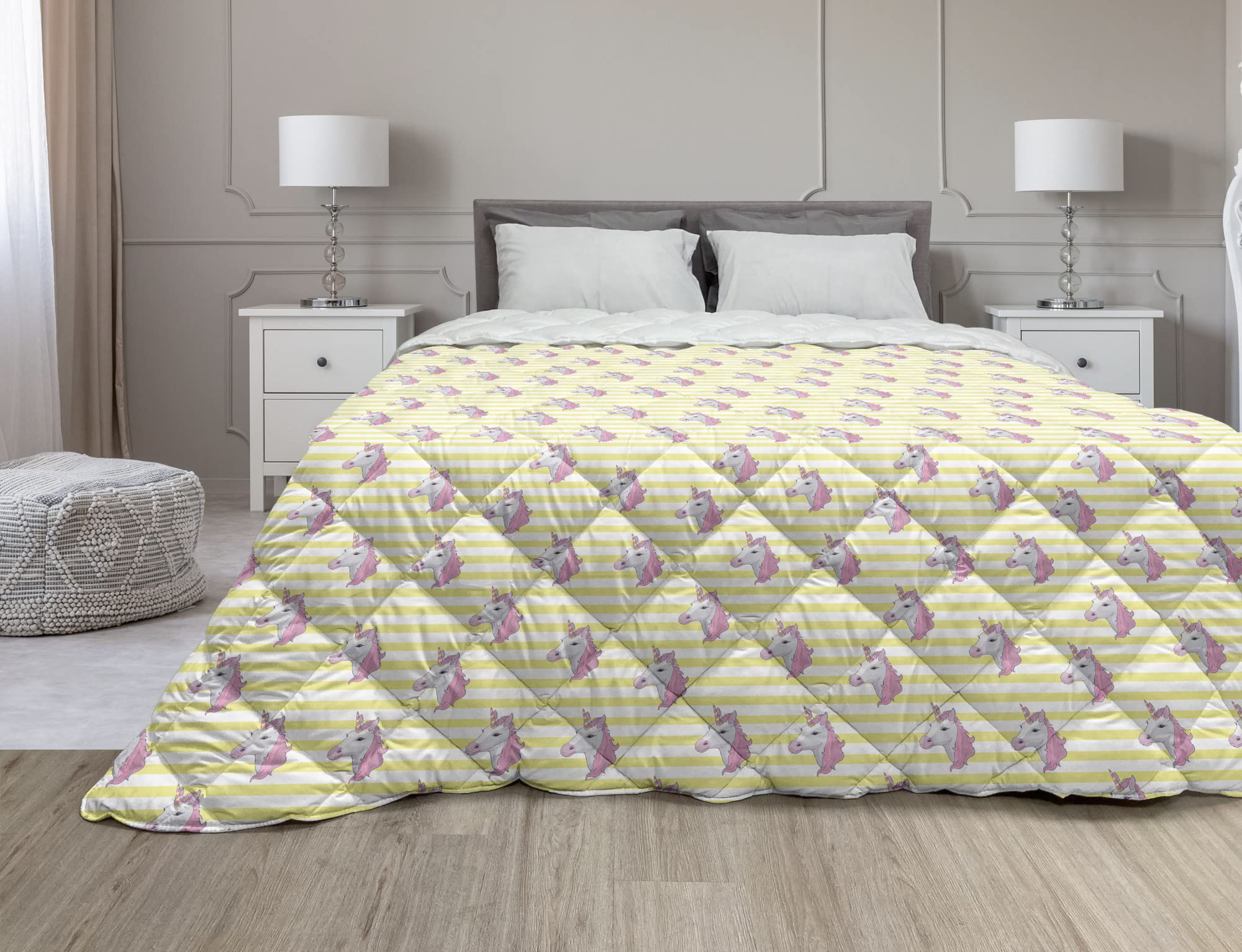 Ambesonne Cartoon Down Alternative Comforter - Fantasy Unicorn Design on Striped Background | All-Season Microfiber Quilt | Full Size in Pale Pink & Pastel Yellow | Perfect for Kids' Bedroom, Dorm Room & Cozy Home Decor