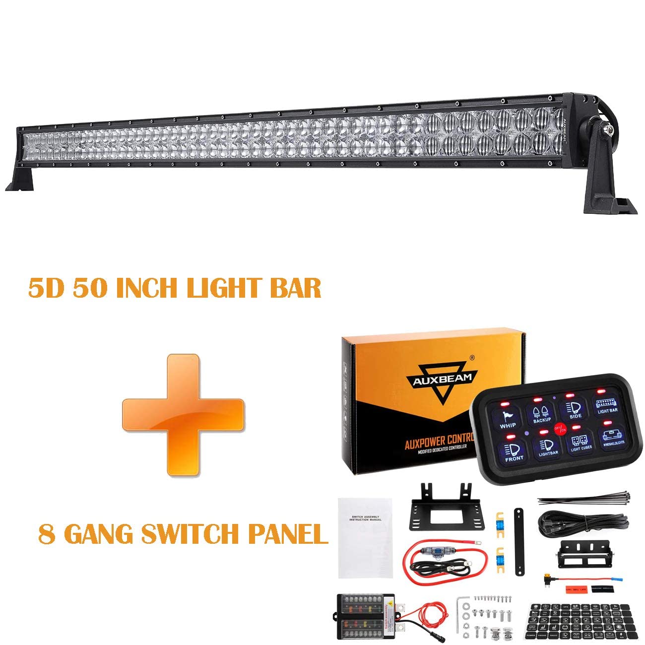 Auxbeam 50 Inch LED Light Bar with DT Wiring Harness & 8 Gang Switch Panel - Blue | Off-Road, Truck, Jeep, ATV Lighting for Night Driving & Outdoor Adventures