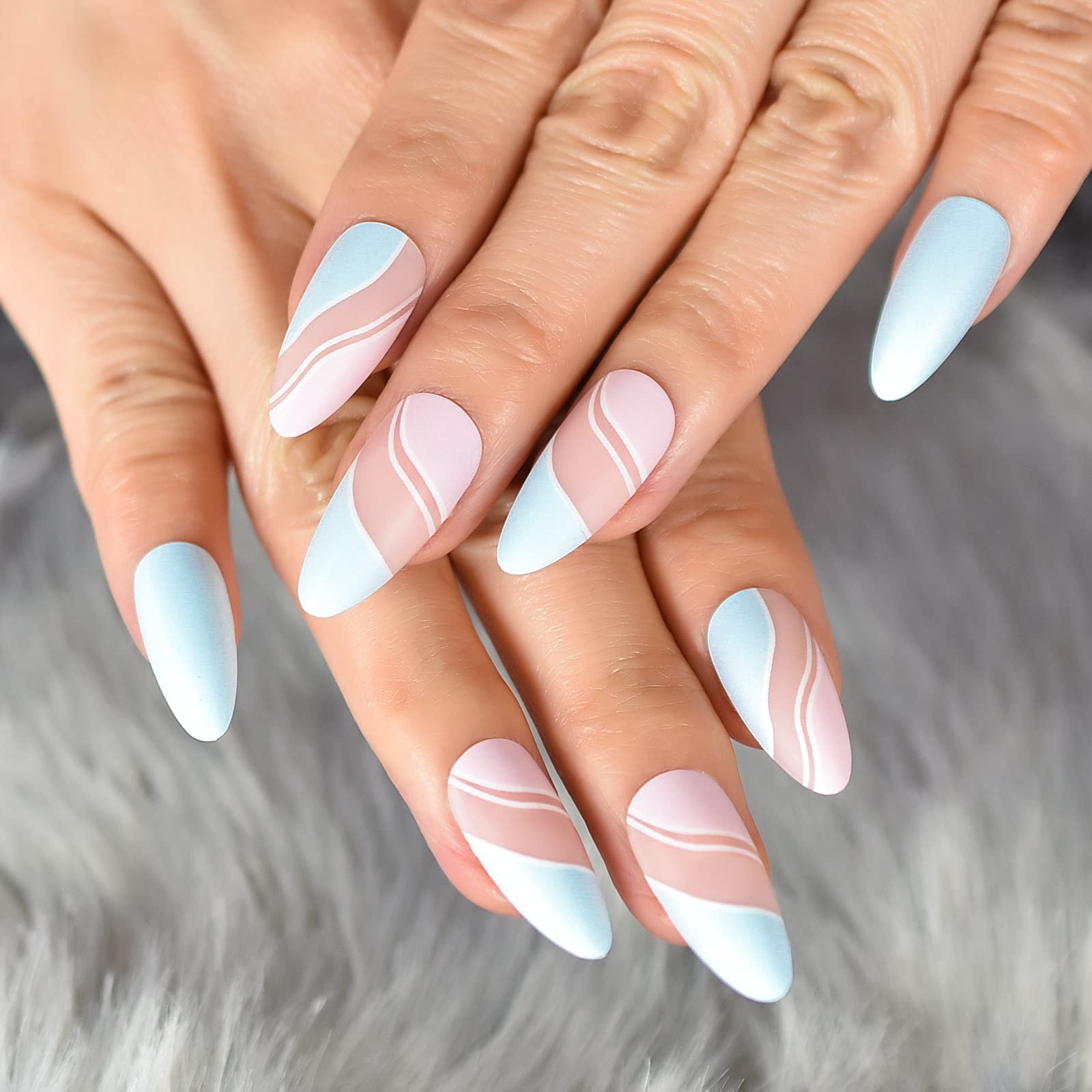 24pcs Press On Nails - Glossy Almond Medium Length with Pink & Blue Ripple Design, Reusable Acrylic False Nails for Manicure | Perfect for Daily Wear, Office & Home Use | Easy DIY Nail Art for Women & Girls