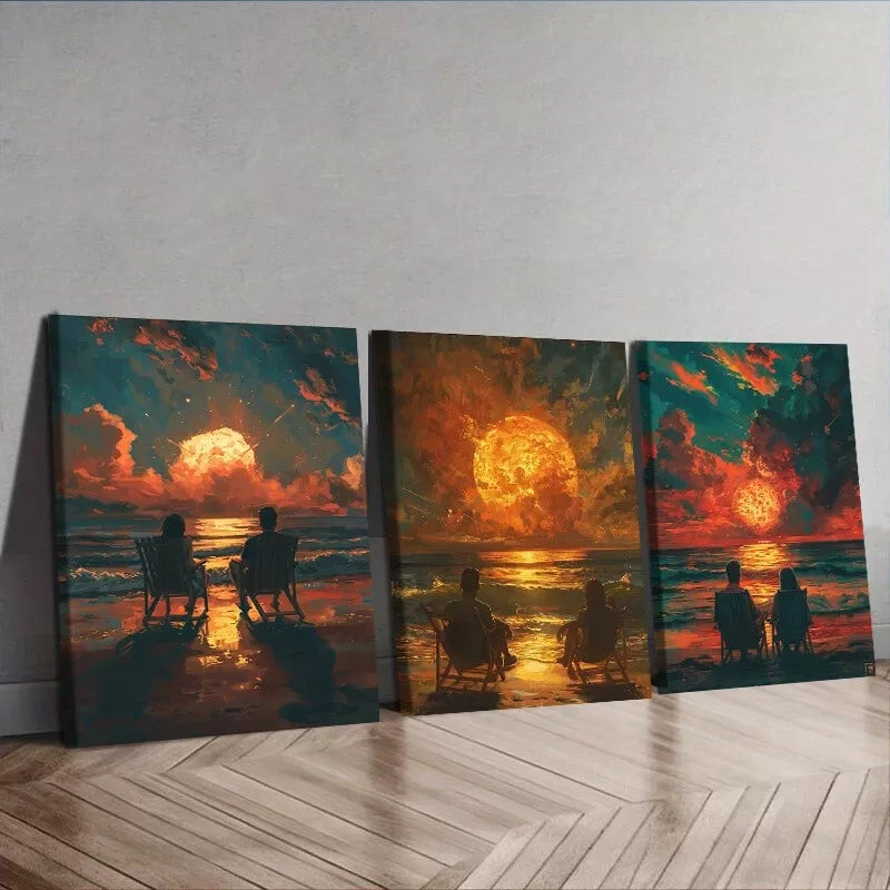 3-Piece Romantic Couple Beach Sunset Wall Art Set - Framed Canvas Paintings 40x60cm (16x24in) - High Quality Australian-Made Home Decor for Living Room, Bedroom & Office - Ready to Hang Coastal Artwork for Beach House & Vacation Home Decor