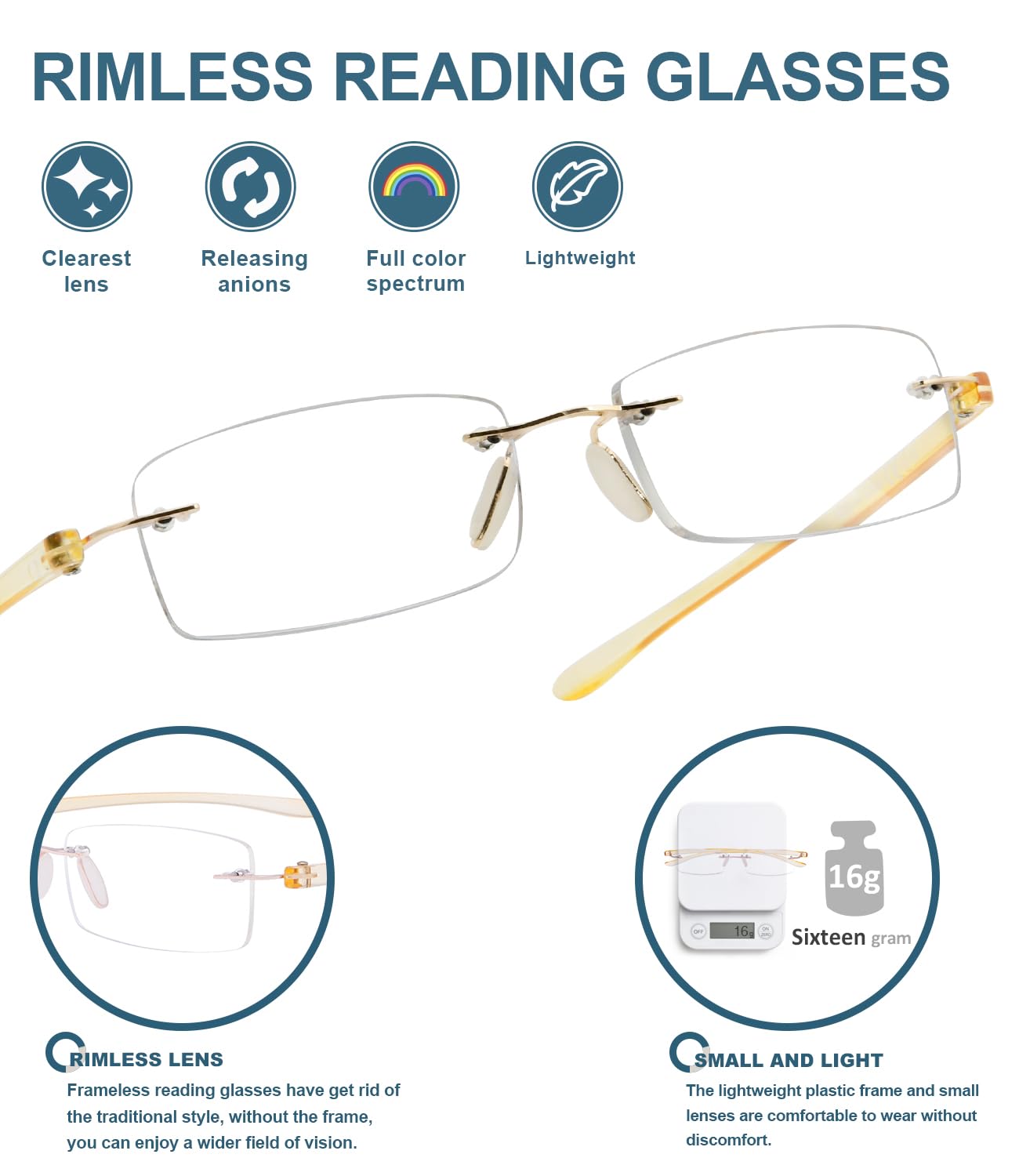 BLUELESS Rimless Reading Glasses for Men & Women - Lightweight Small Frame Readers with Anti-Blue Light (Yellow) - Perfect for Reading, Computer Use & Office Work