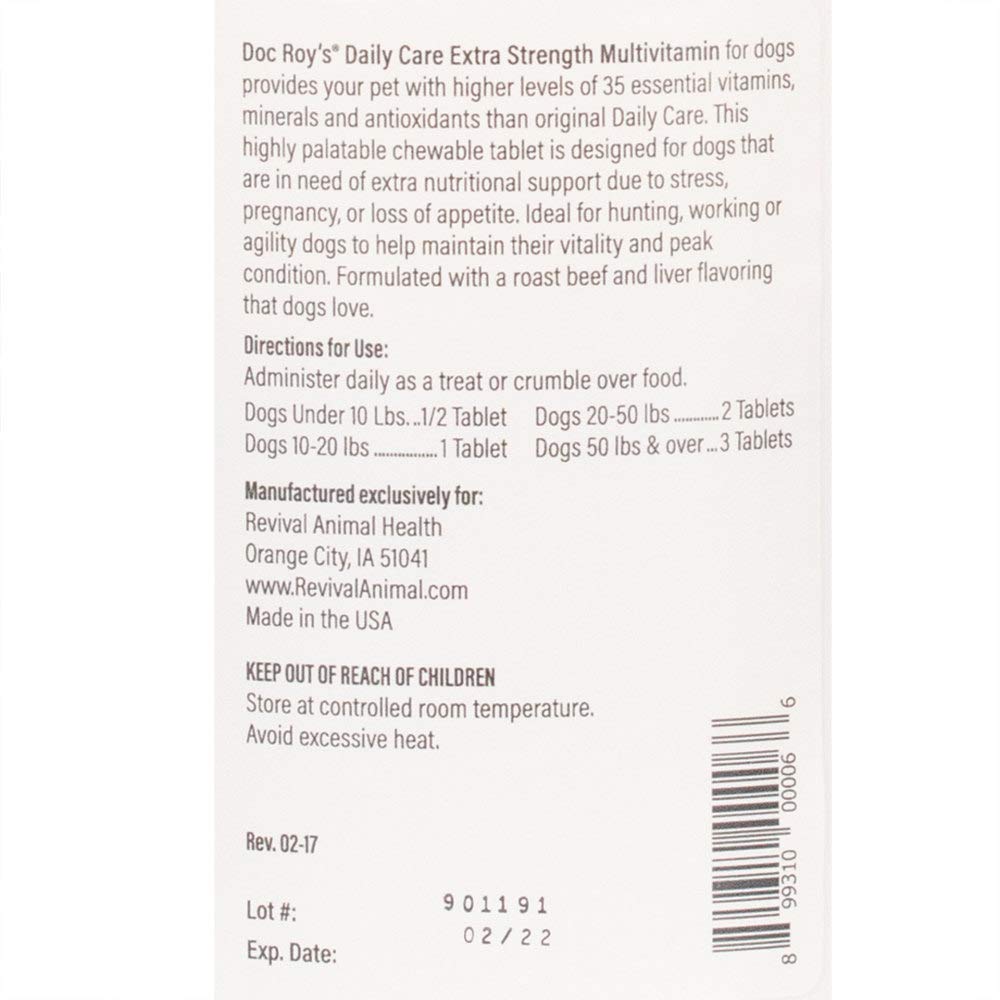 Doc Roy's Daily Care Extra Multivitamin with Minerals for Dogs - Complete Canine Health Supplement with Vitamins A, B, C, D, E - 365 Chewable Tablets for All Breeds & Ages - Supports Immune System, Skin & Coat Health - Perfect for Daily Nutrition & Senior Dog Care