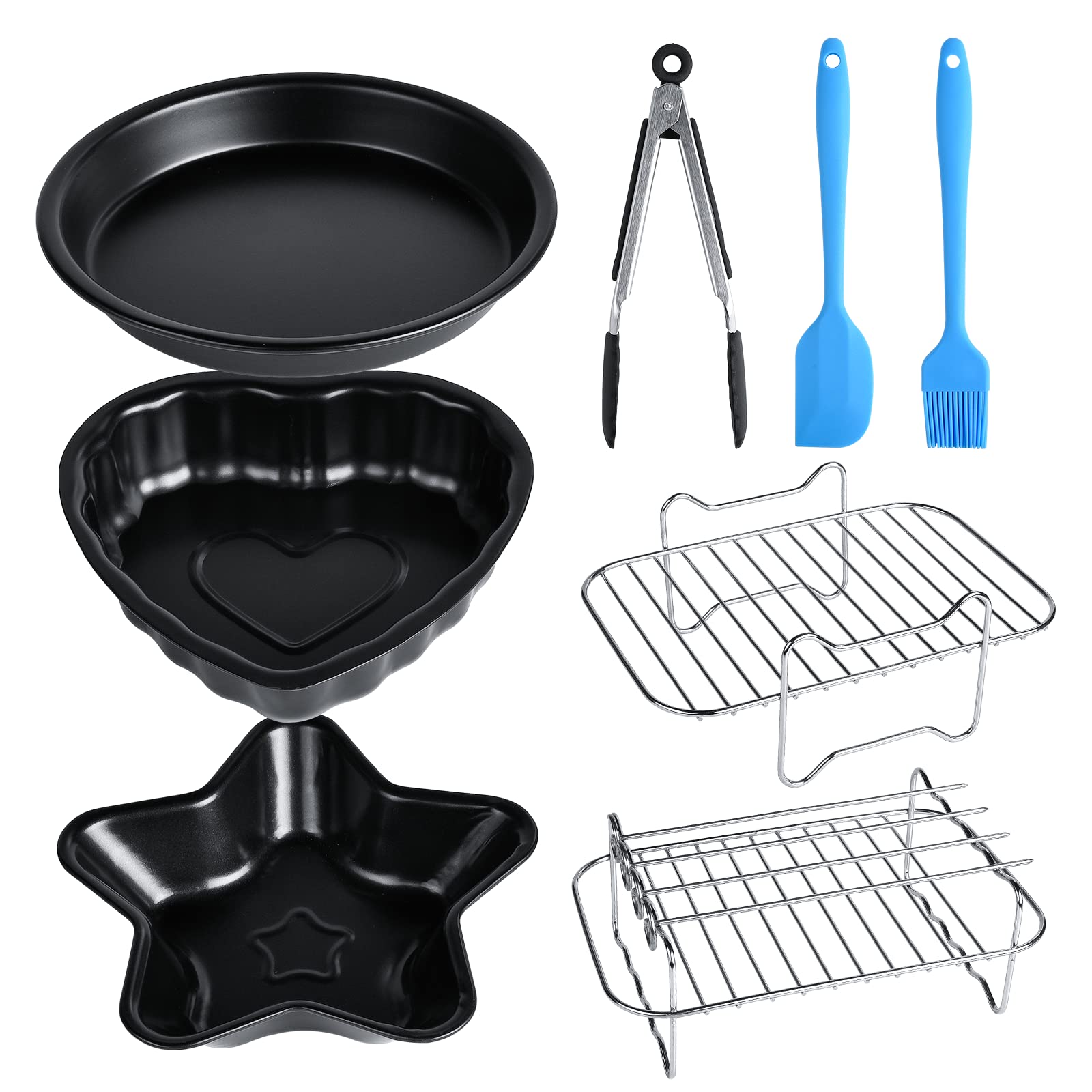 8-Piece Air Fryer Accessories Set for Dual Basket - Includes Pizza Pan, Metal Bracket, Baking Rack, Tongs, Silicone Brush & Spatula - Compatible with Most Double Basket Air Fryers - Perfect for Baking, Roasting & Healthy Cooking at Home