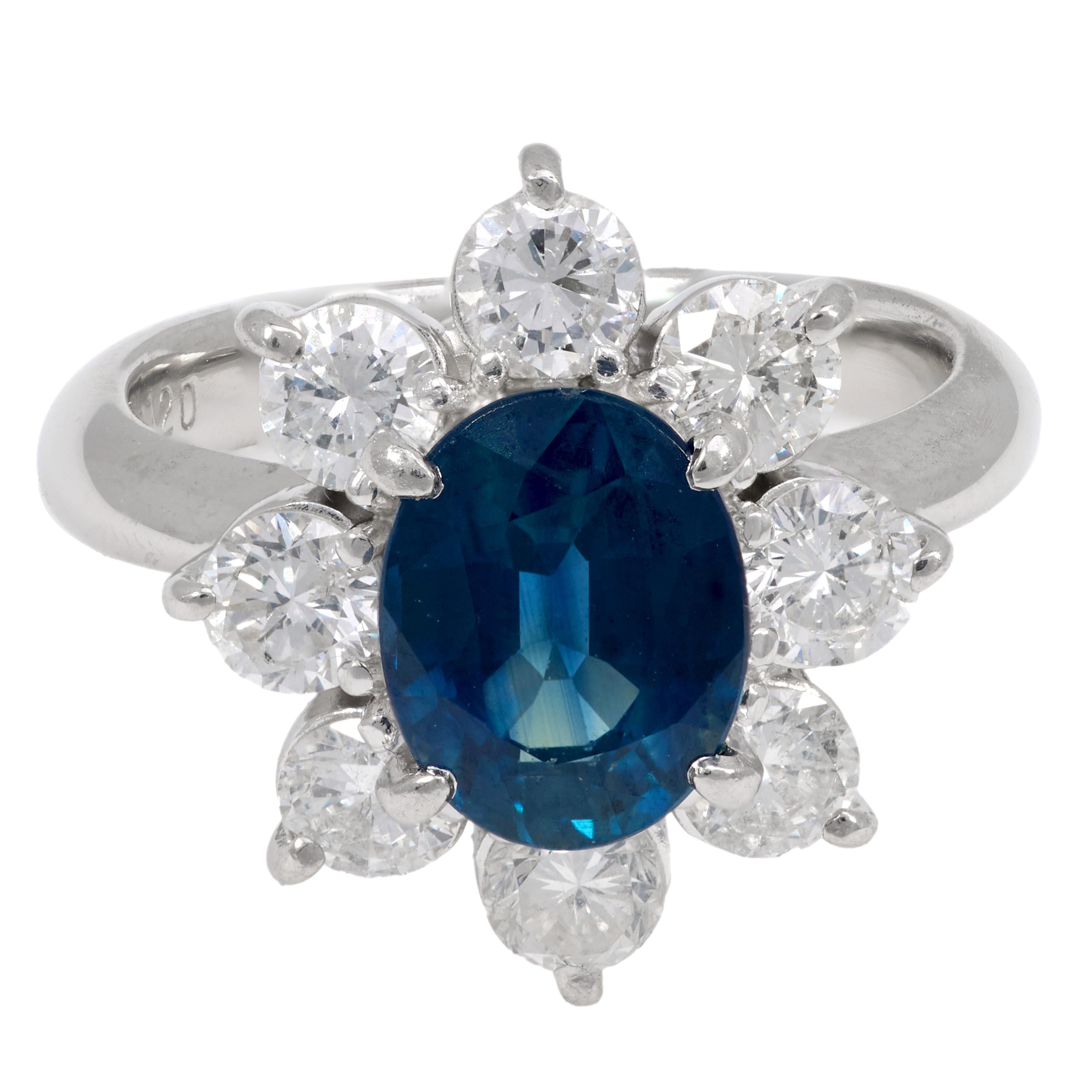 Vintage 2.10 Carat Sapphire Diamond Platinum Cluster Ring - Elegant Antique Jewelry for Women, Perfect for Weddings, Anniversaries & Special Occasions
