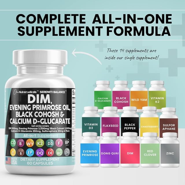 Clean Nutraceuticals DIM Complex for Women - Evening Primrose, Black Cohosh, Calcium D-Glucarate, Sulforaphane & Flax Seed Extract with Dong Quai - 60 Capsules for Hormonal Balance & Menopause Support - Perfect for PMS Relief & Natural Wellness