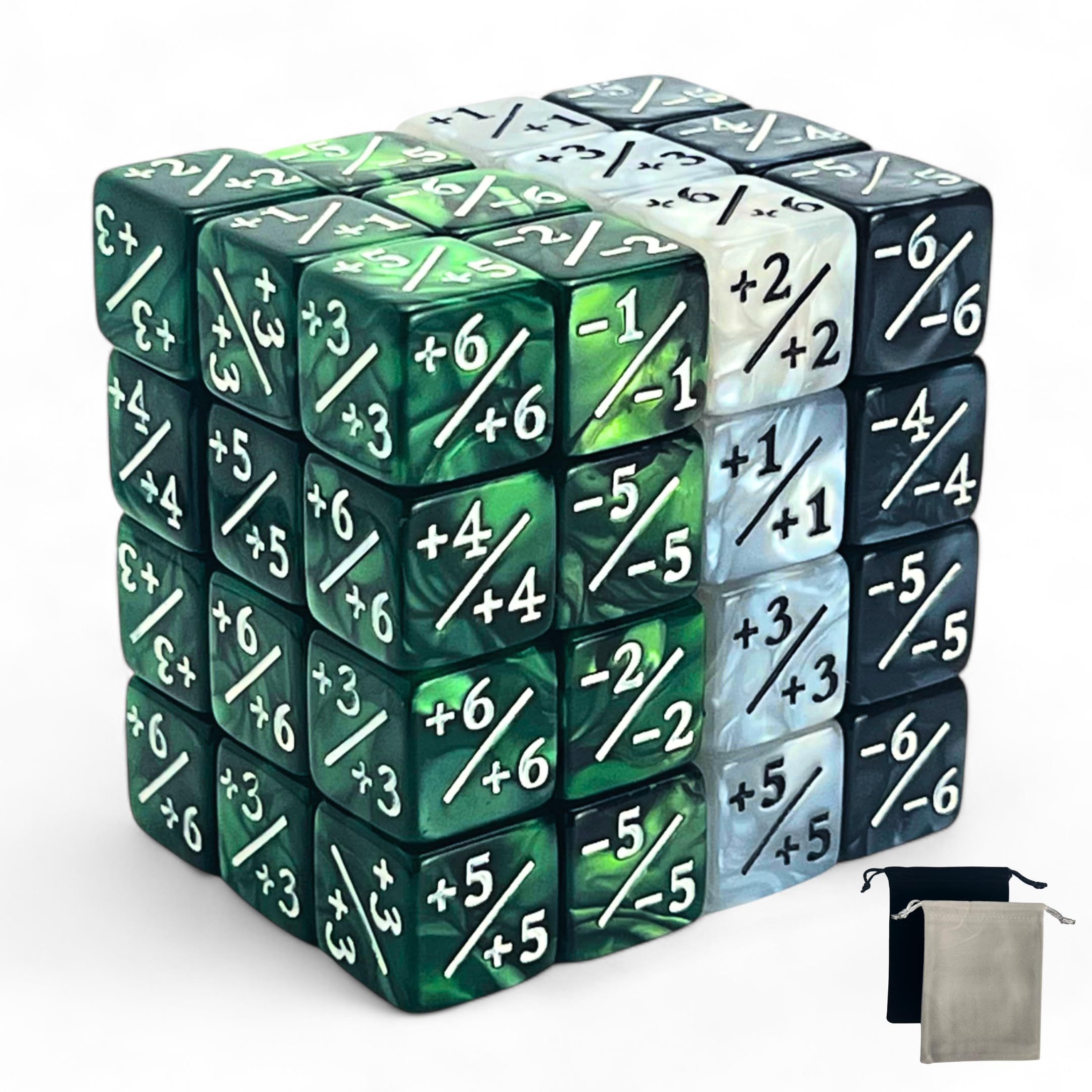 Luck Lab MTG Magic Life Counter Dice - 48 PCS for Magic The Gathering Card Game Accessories, CCG Creature Stats Tracker with 2 Dice Bags (Green Swirl, White Pearl, Black Pearl) - Perfect for MTG Tournaments, Commander Games & Tabletop RPGs