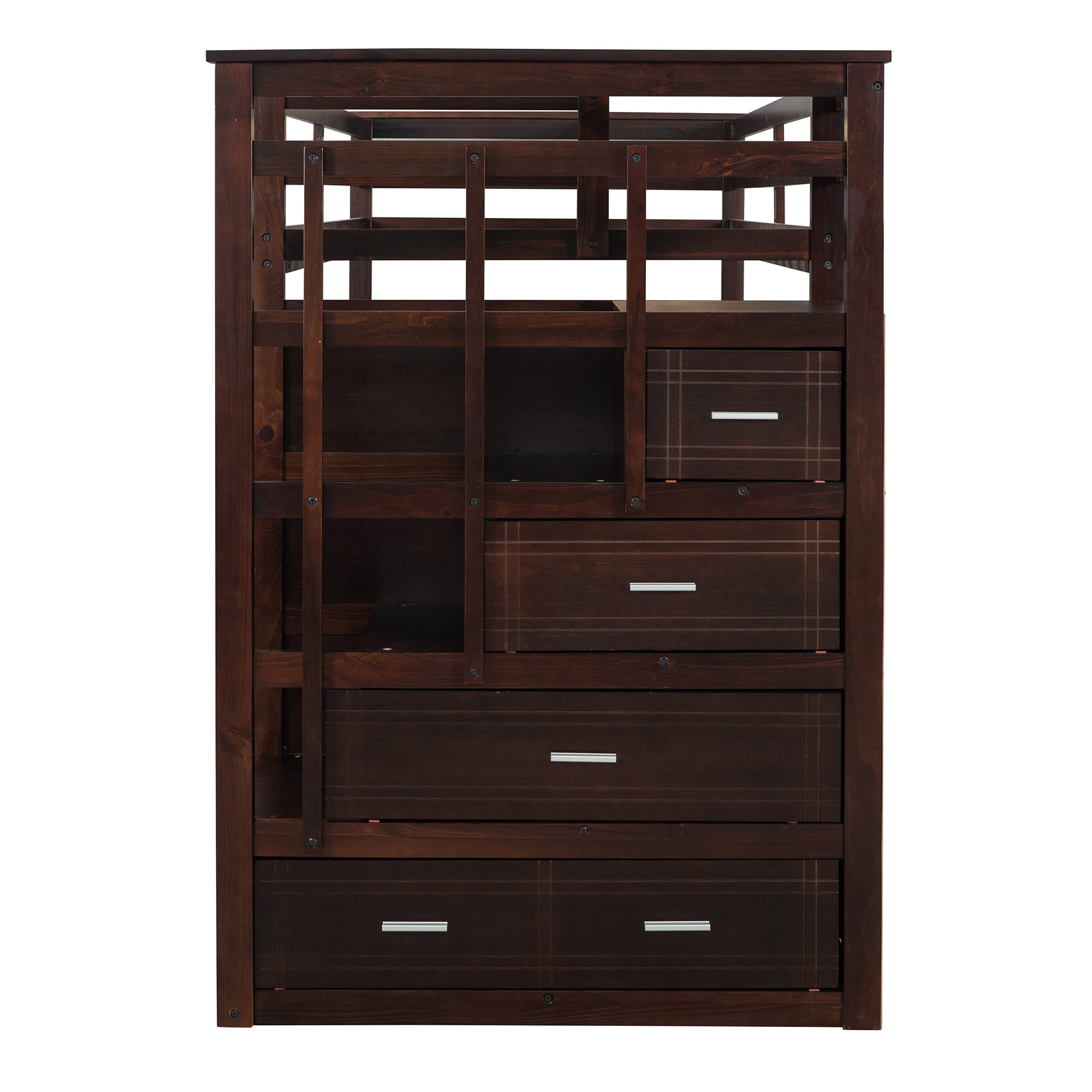 Merax Twin Over Twin Wooden Bunk Bed with Trundle, Staircase & 4 Storage Drawers - Kids & Teens Bunk Bed with Safety Guardrail - Espresso Finish - Perfect for Small Bedrooms, Guest Rooms & Vacation Homes