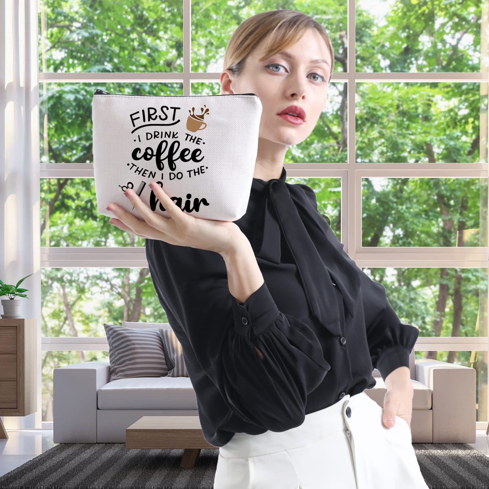 WCGXKO 'First I Drink The Coffee Then I Do The Hair' Makeup Bag - Stylish Cosmetic Organizer for Coffee Lovers, Perfect for Travel, Gym & Daily Use