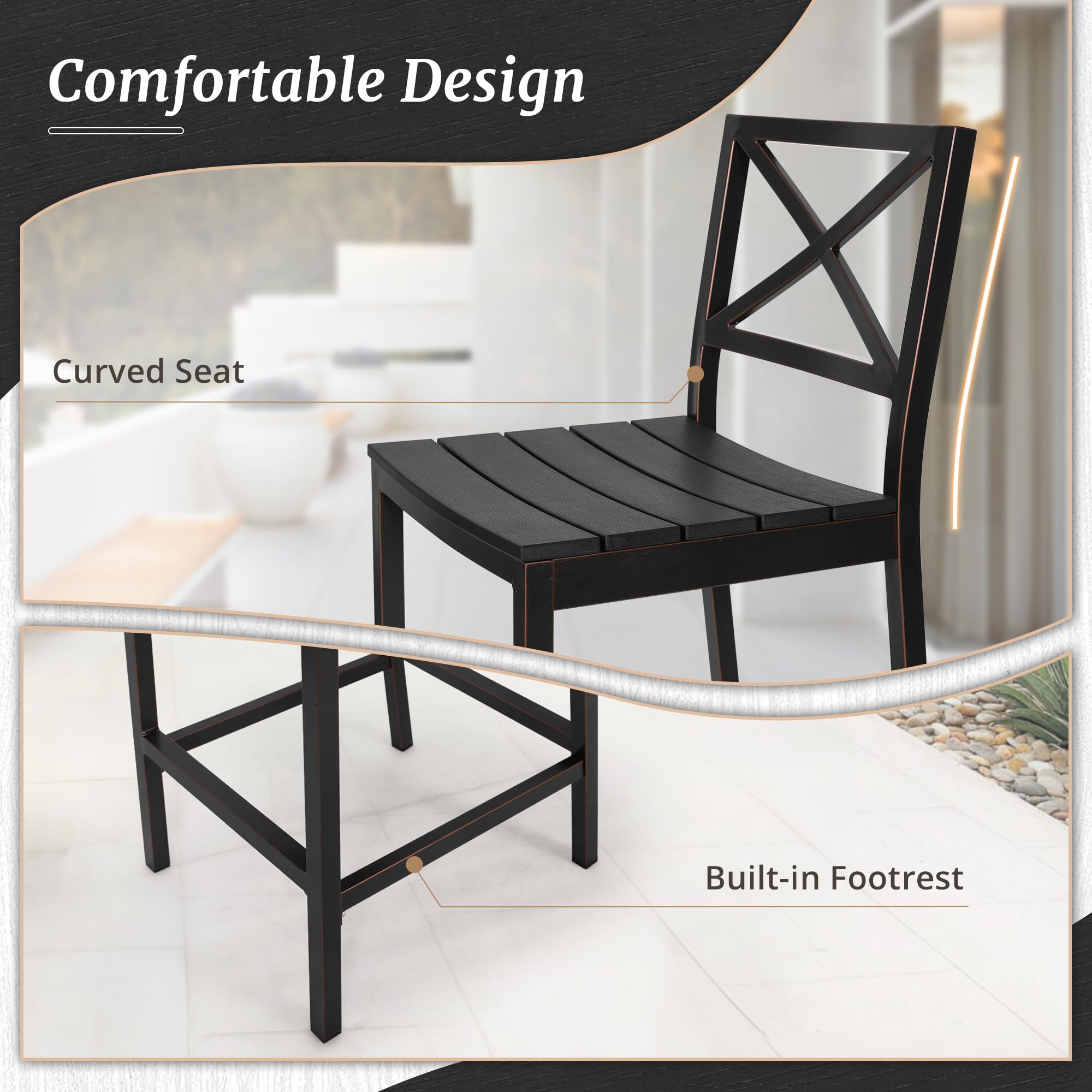 Outdoor Bar Height Table and Chairs Set - 3-Piece Black Patio Pub Set with 45