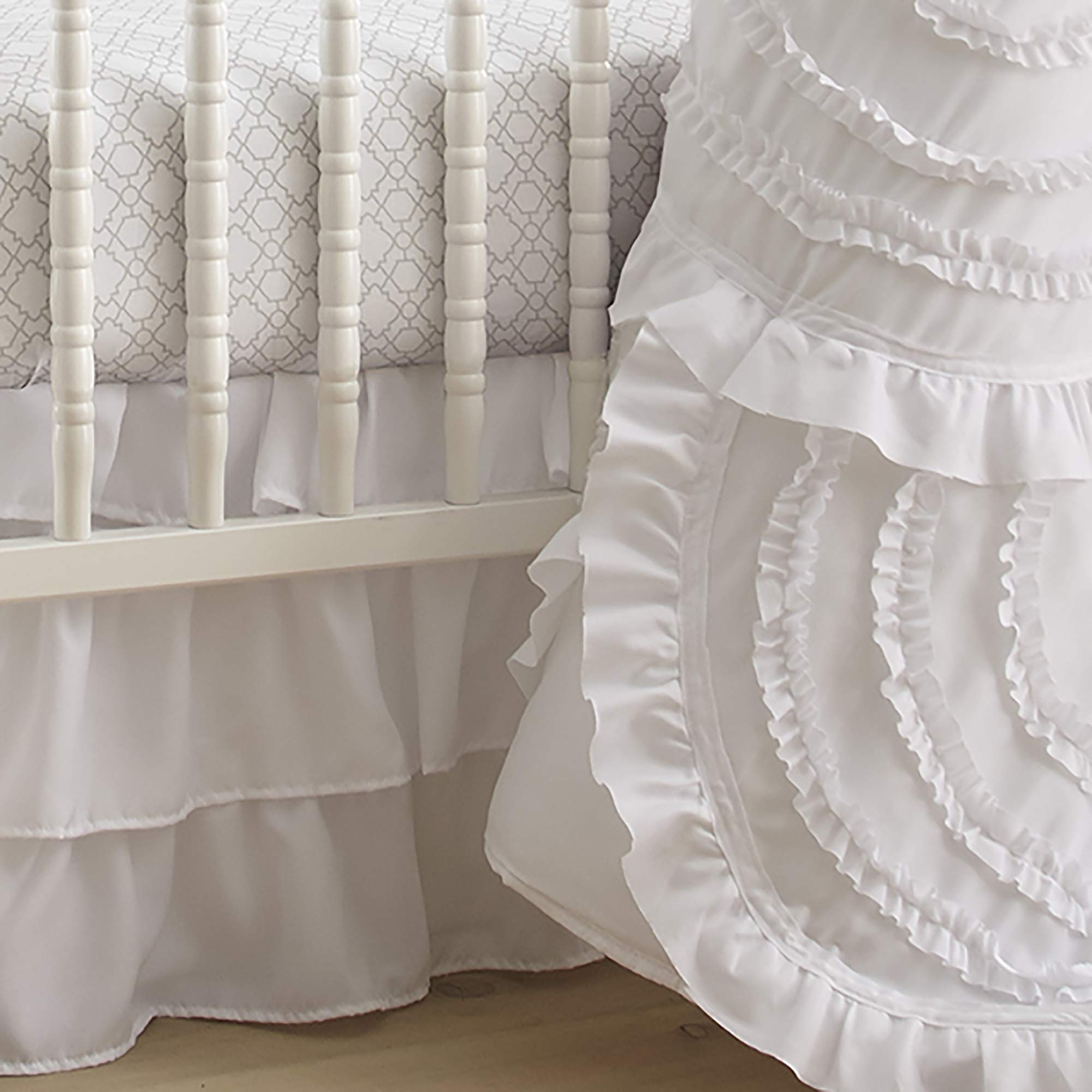 Levtex Baby Skylar 4-Piece Crib Bedding Set - White Soft Cascading Ruffles Quilt, Fitted Sheet, Wall Decal & Crib Skirt - Luxury Nursery Decor for Girls & Boys - Perfect for Baby Showers & Newborn Gifts
