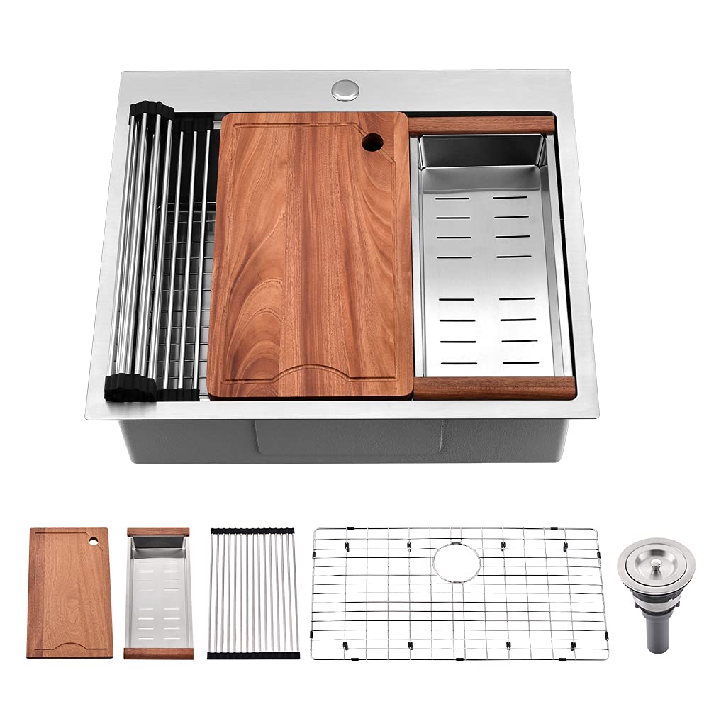 25 Inch Drop In Kitchen Sink - SOMRXO 16 Gauge Stainless Steel Handmade Workstation Sink, 10 Inch Deep Single Bowl with Accessories | Perfect for Modern Kitchens, Restaurant Prep & Home Renovation