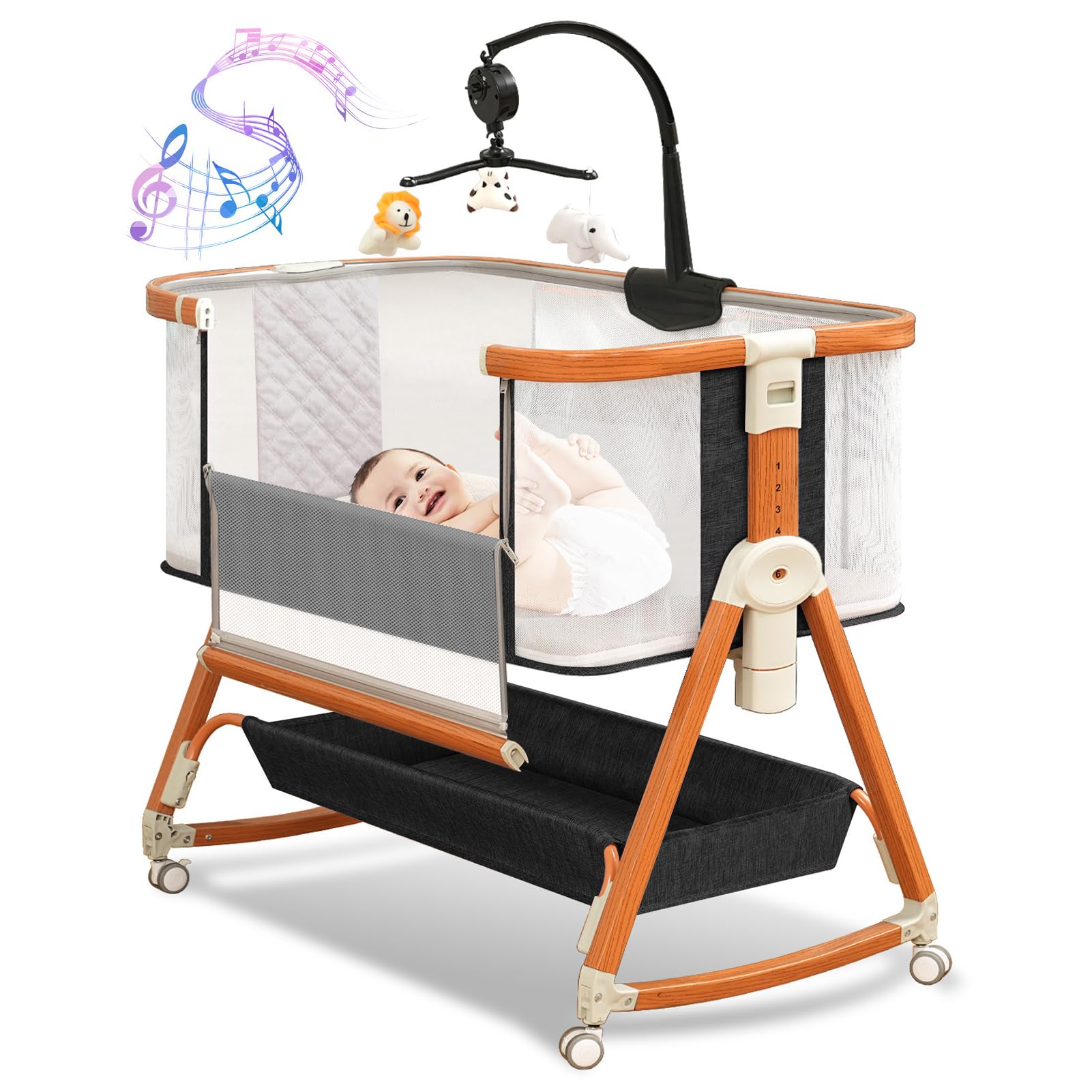 3-in-1 Adjustable Baby Bassinet Bedside Sleeper with Wheels, Storage Basket & Musical Toy - Breathable 4-Sided Mesh Crib for Newborns 0-6 Months (Black) | Perfect for Nursery, Bedroom Co-Sleeping & Late Night Feedings