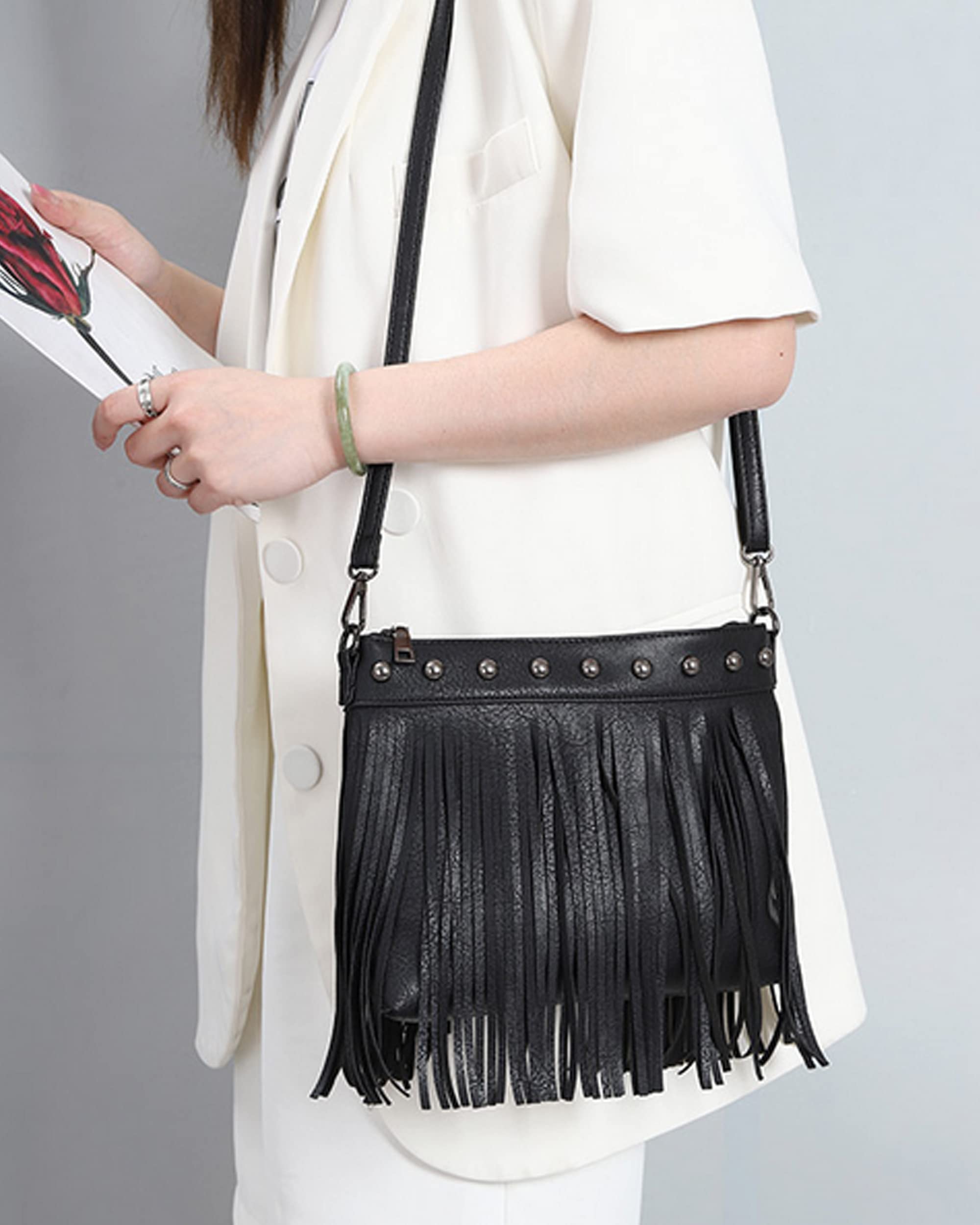 Minache Women's Fringe Crossbody Shoulder Bag with Rivet & Tassel Details - Stylish Messenger Purse for Casual Outings, Parties, and Daily Use