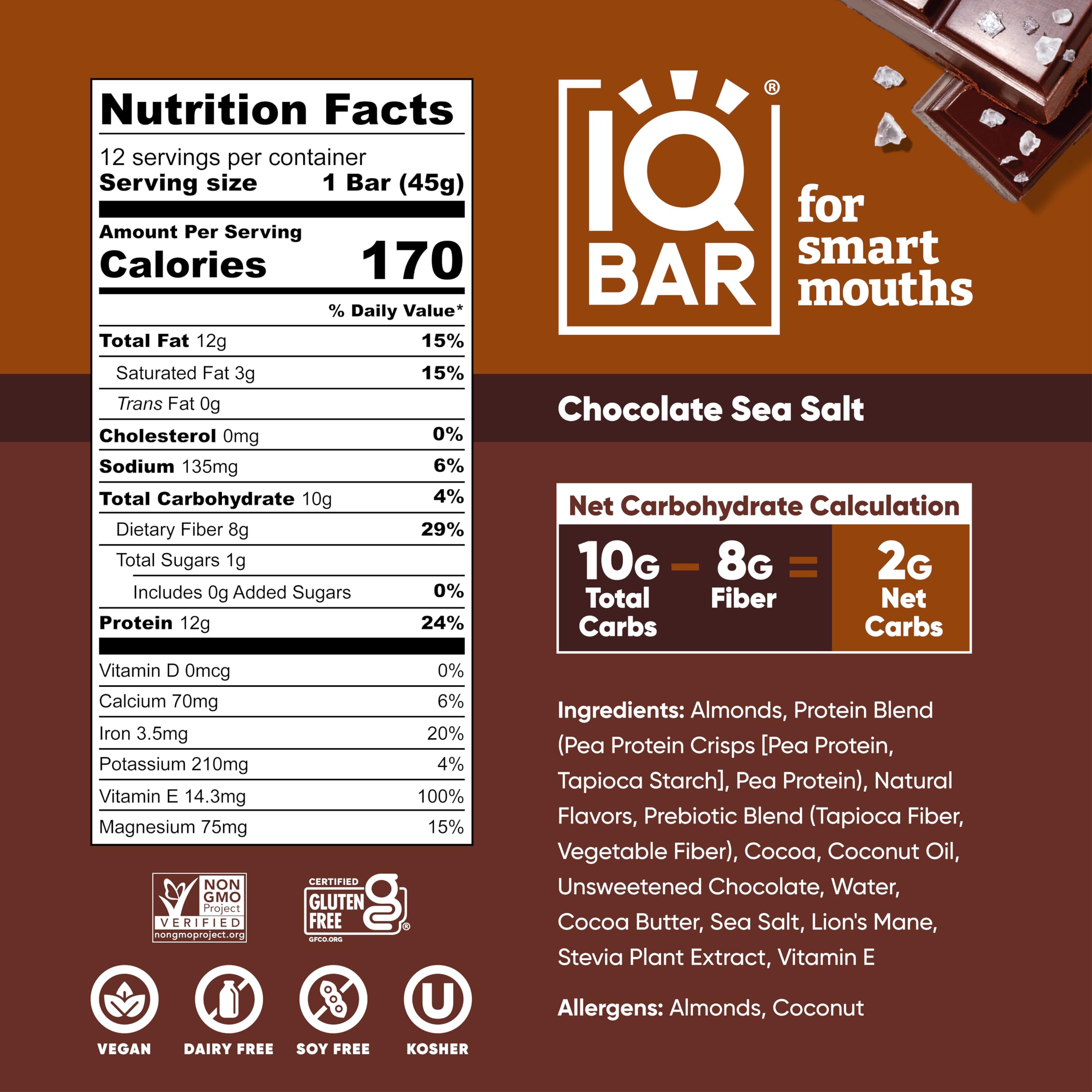 IQBAR Chocolate Sea Salt Protein Bars - Low Carb, Vegan, Gluten Free - Perfect for Workout & Travel Snacks
