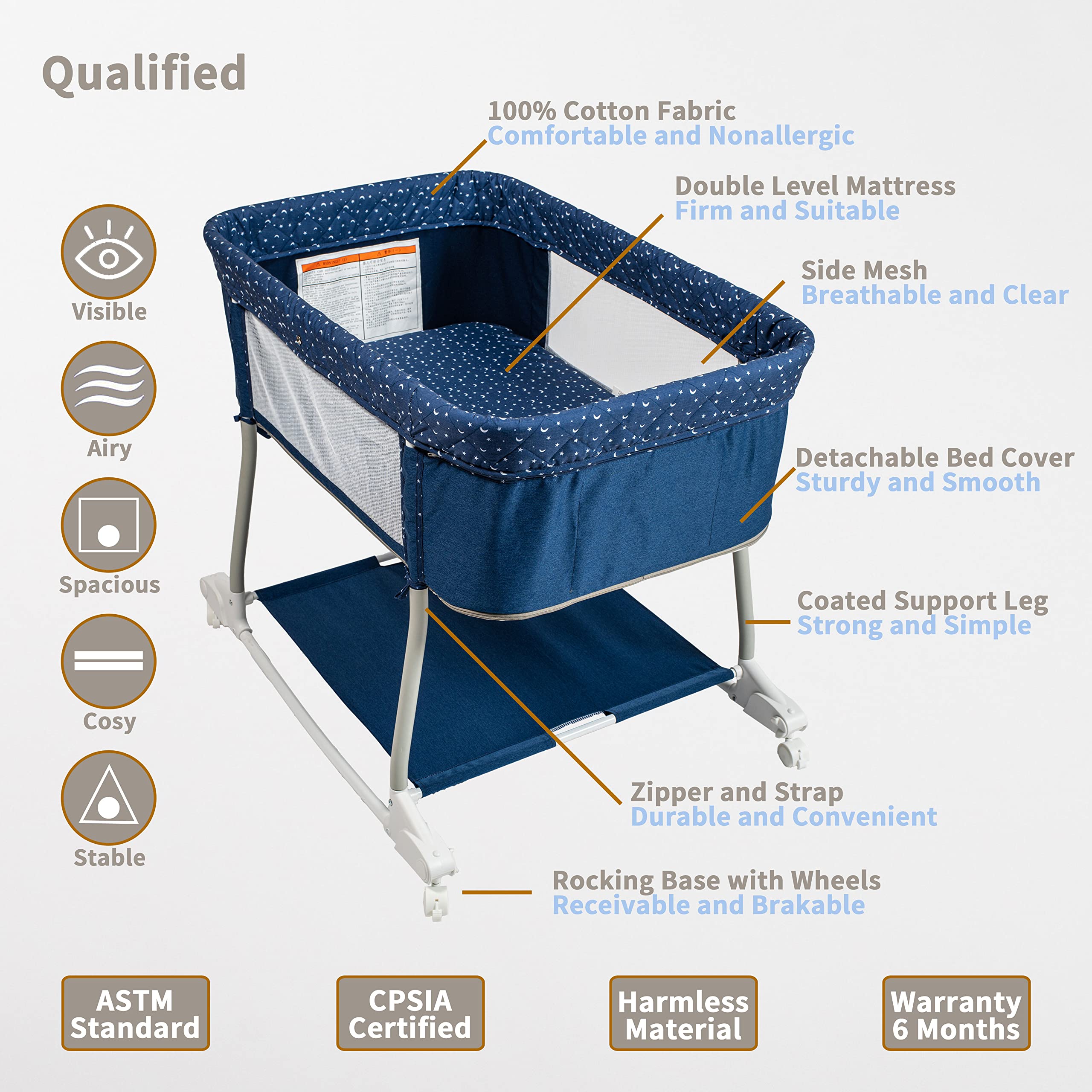 Portable 3-in-1 Baby Bassinet on Wheels - Adjustable Bedside Sleeper, Rocking Crib & Playard with Breathable Mesh, Detachable Mosquito Net, Vibration Music Box & Night Light (Navy Blue) - Perfect for Nursery, Bedroom & Travel Use