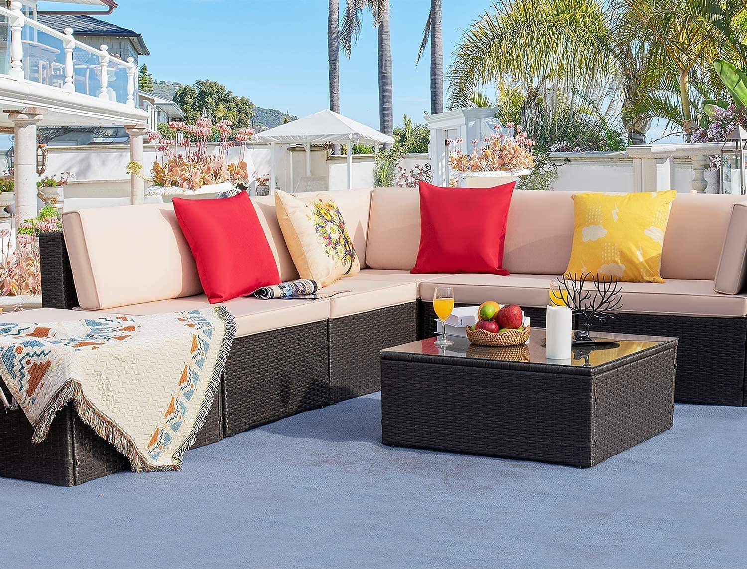 Furniwell 7-Piece Outdoor Patio Furniture Sectional Set - All-Weather Wicker Rattan Sofa with Cushions, Pillows & Glass Coffee Table - Beige - Perfect for Backyard, Garden, Poolside & Deck Relaxation