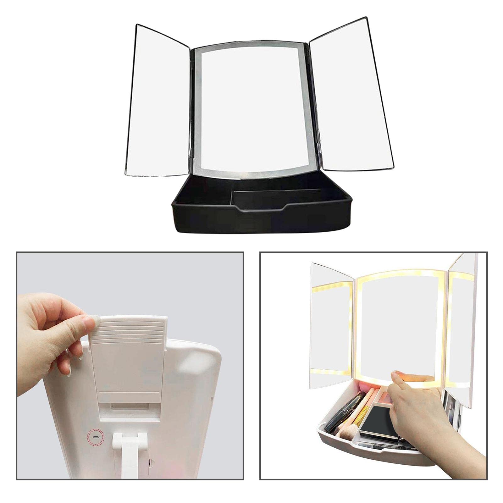 Losa LED Makeup Mirror with Touch Screen Dimming - Black Vanity Mirror with Built-in Makeup Tray for Dressing Table, Bathroom & Bedroom Makeup Application
