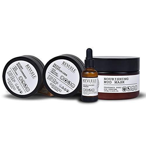 REVUELE Vegan & Organic Superfood Extract Skincare Set - Daily Moisturizer 50ml + Nourishing Mud Mask 100ml + Night Cream 50ml + Serum 30ml | Sensitive Skin, Fragrance Free | Hydrating & Anti-Aging Routine for Dry & Combination Skin