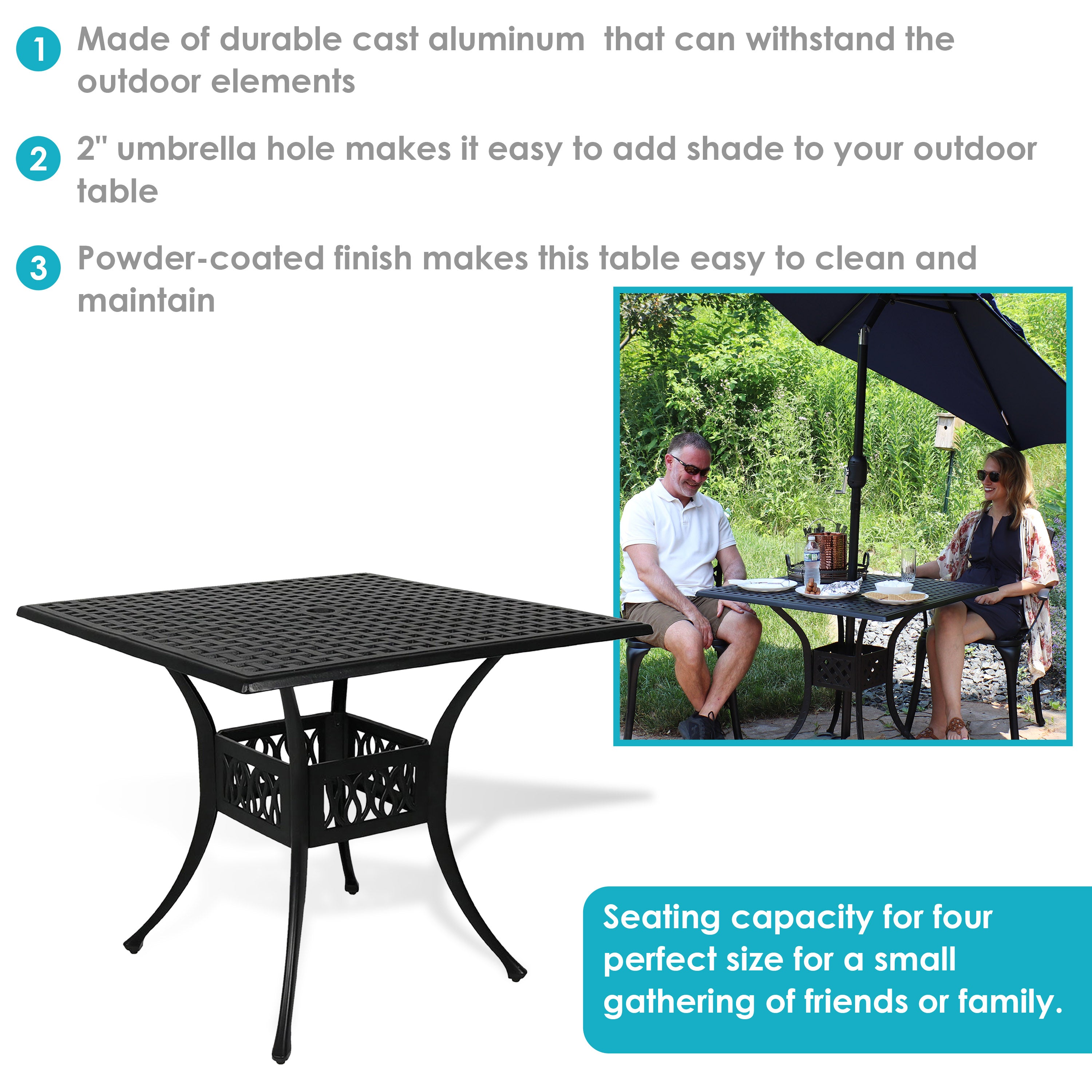 Sunnydaze Black Cast Aluminum Square Outdoor Dining Table 35 Inch - Perfect for Patio, Garden, and Backyard Entertaining