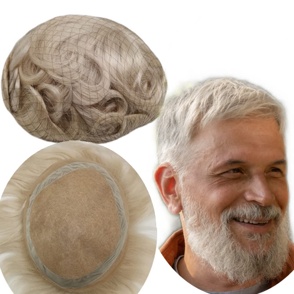 Premium Men's Toupee Wavy Hairpiece - 100% European Real Human Hair Replacement System with Fine French Lace & PU Perimeter (Gray/Blonde, 8x10) - Natural Looking Hair Solution for Thinning Hair & Baldness | Perfect for Daily Wear, Special Occasions & Professional Settings