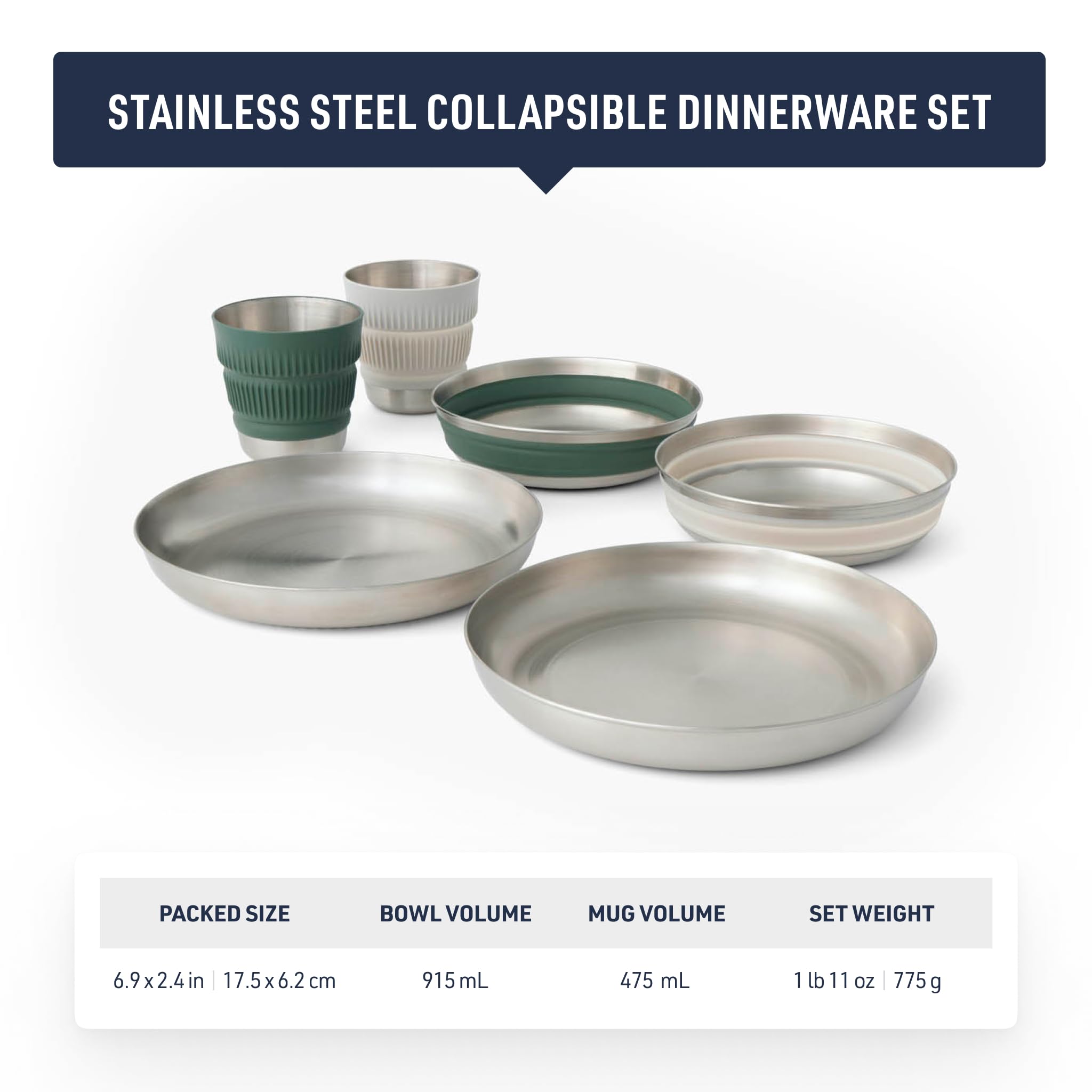 Sea to Summit Detour Stainless Steel Collapsible 2-Person Camping Dinnerware Set - 2 Plates, 2 Bowls & 2 Mugs - Lightweight & Compact for Backpacking, Hiking & Outdoor Adventures