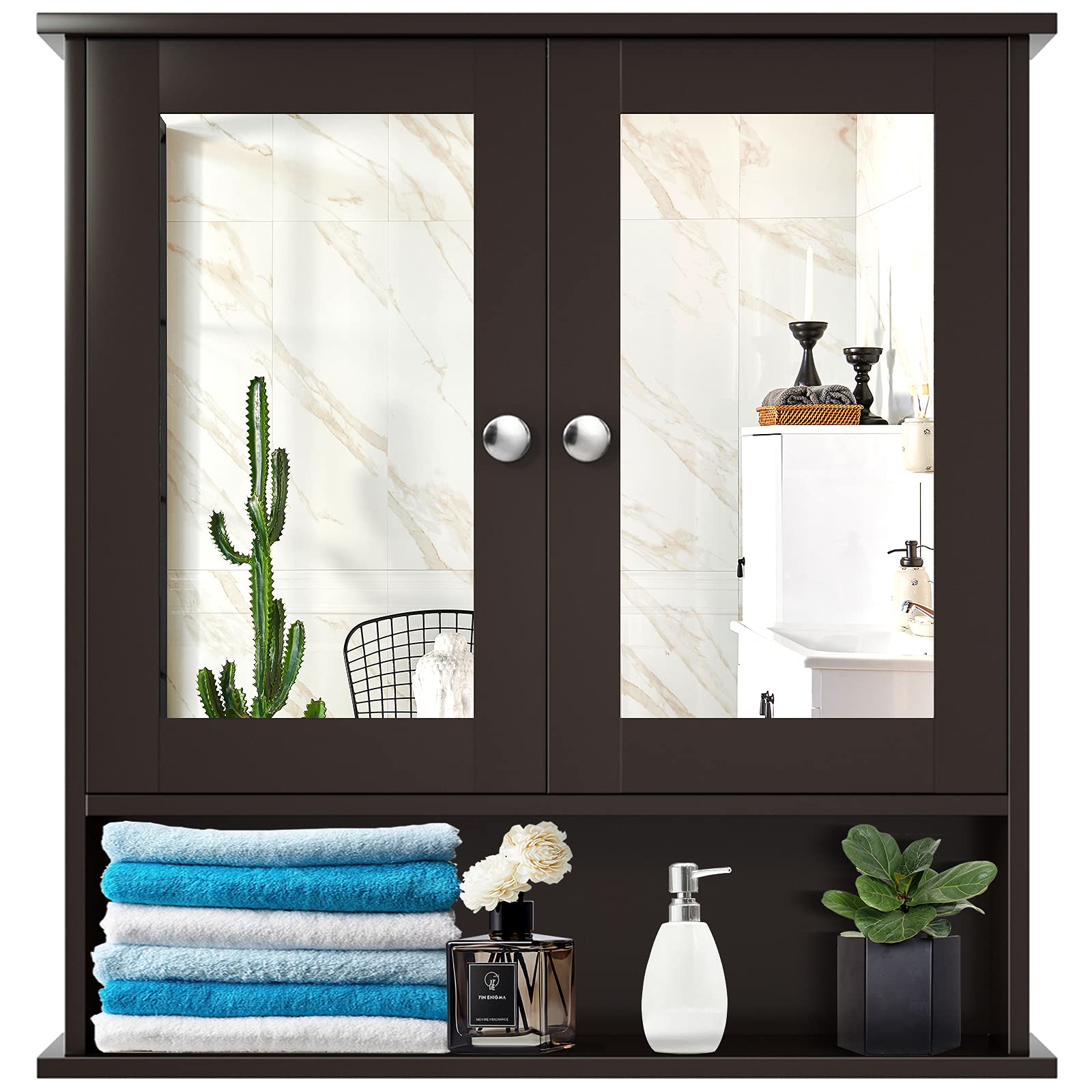 Giantex Wall Mounted Bathroom Mirror Cabinet with 2 Doors & Adjustable Shelf - Wooden Medicine Storage Organizer for Bathroom, Bedroom or Entryway (Espresso Finish) - Perfect for Small Space Organization & Daily Essentials Storage