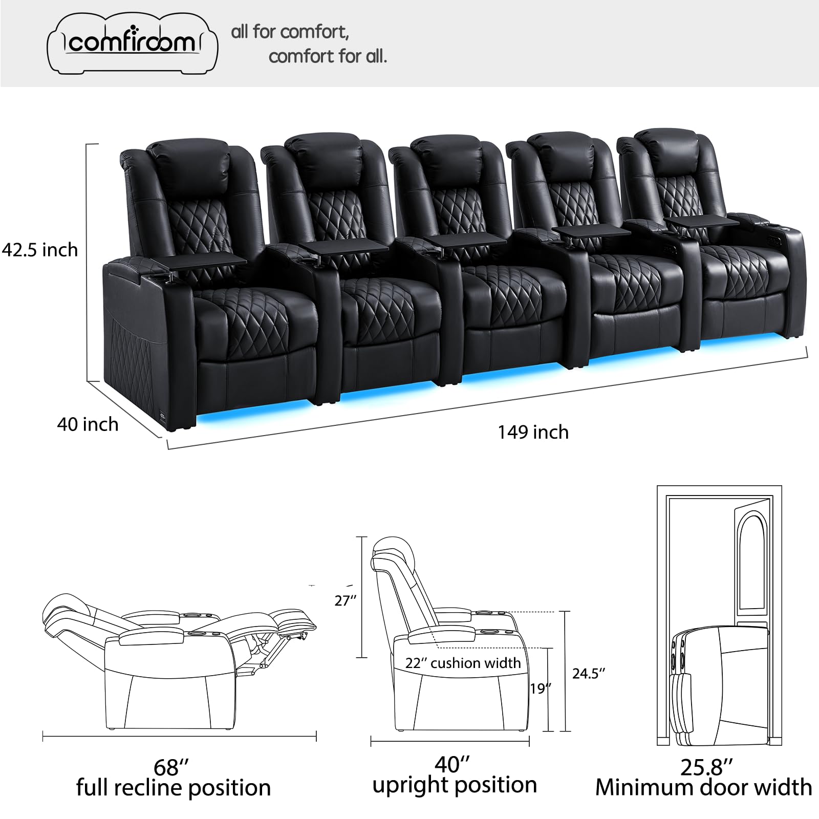 Premium Home Theater Seating Set - 5 Top Grain Nappa Leather Power Recliners with Dual Electric Headrest, Tray Table & USB Charger for Ultimate Movie & Gaming Experience - Luxury Cinema Sofa for Family Entertainment Rooms (Black)