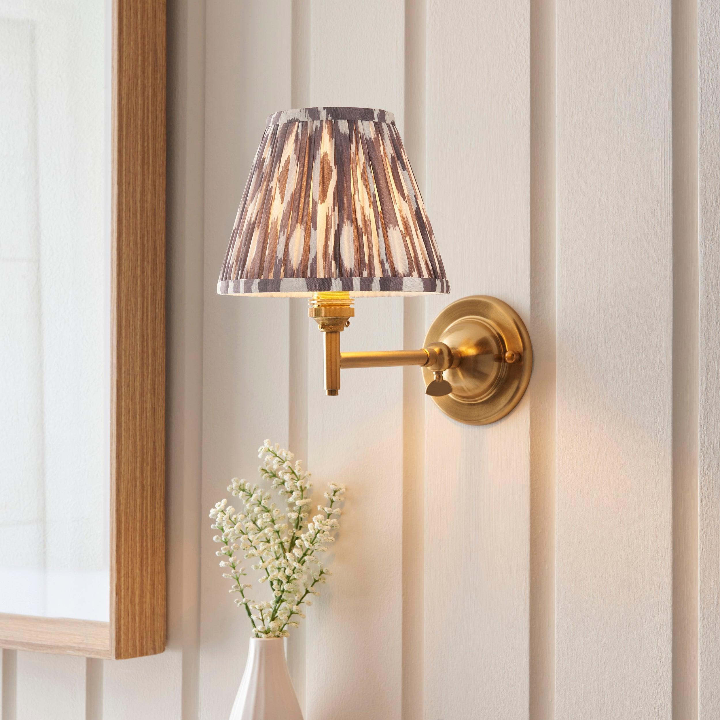Brass Dome Fold Wall Light with Ikat Design & 16cm Pearl Grey Shade - Perfect for Bedroom, Living Room, and Hallway Lighting