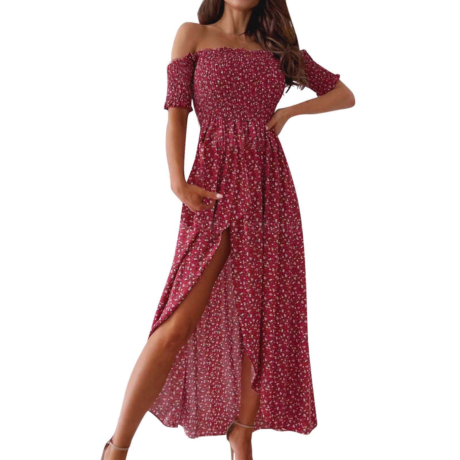 Women's Floral Print One Shoulder Sexy T-Shirt Dress - Summer Pleated Slit Long Loose Slim Fit Dress for Beach, Party & Casual Wear