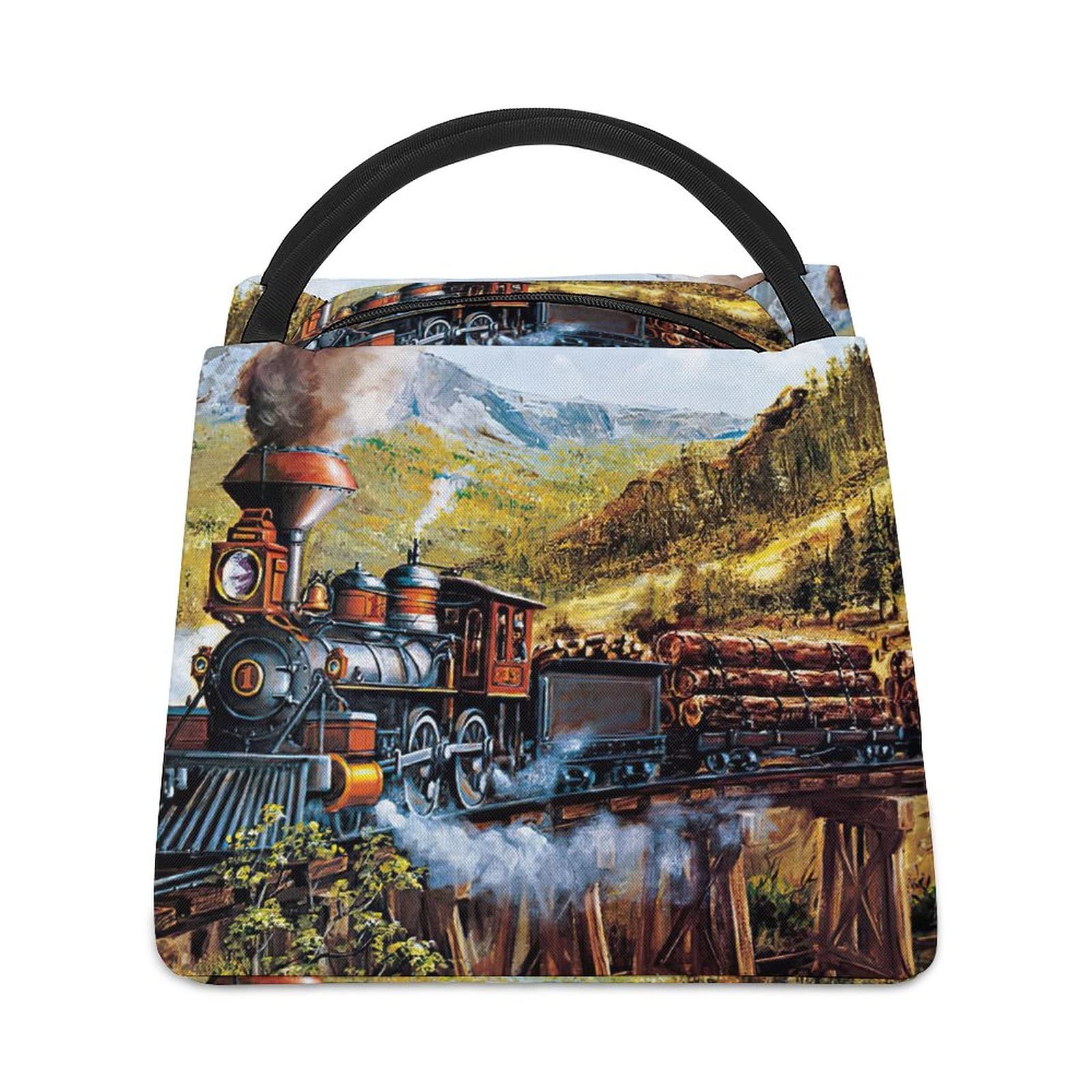 Vintage Insulated Lunch Bag with Antique Steam Train Design - Leakproof & Waterproof Cooler Tote for Adults - Perfect for Work, School, Picnics & Outdoor Adventures