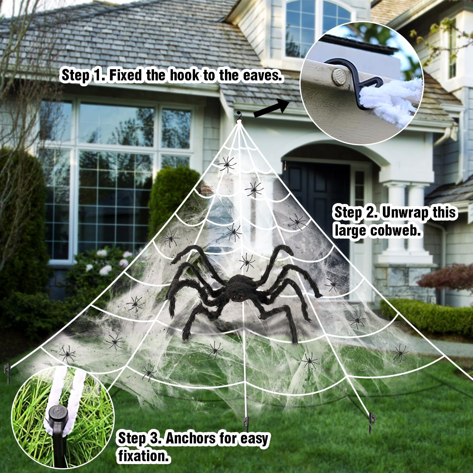 16.4ft Giant LED Spider Web Halloween Decorations with Purple & Orange Lights - 36'' Black Scary Spider Web for Outdoor Yard, Garden & Party Decor | Perfect for Halloween Night, Haunted House Themes & Spooky Outdoor Displays
