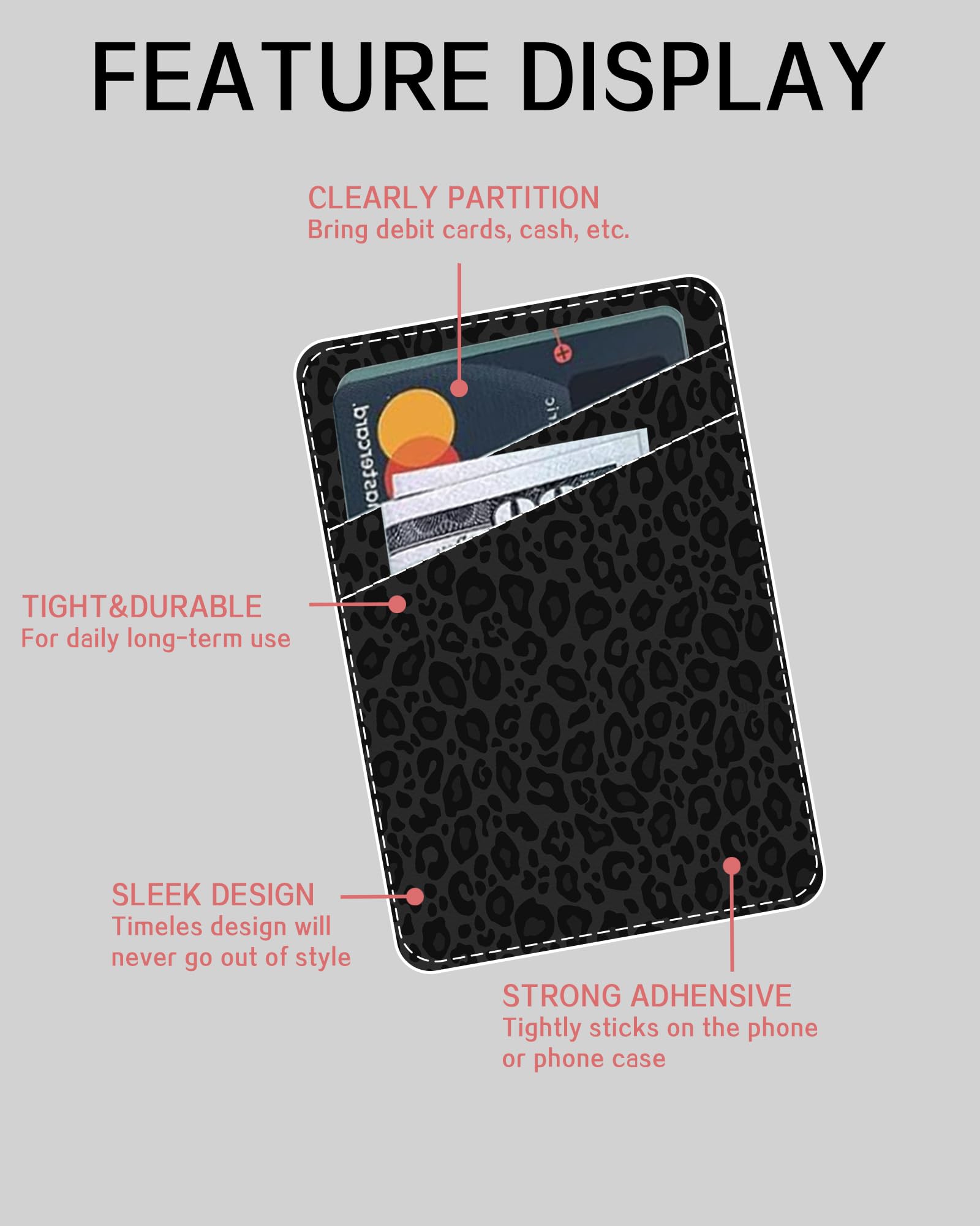 Leather Phone Card Holder - Adhesive Stick On Wallet for Back of Phone, Cute Credit Card Holder Compatible with Most Cell Phone Cases, Luxury Black Leopard Design - Perfect for Travel, Shopping, and Daily Use