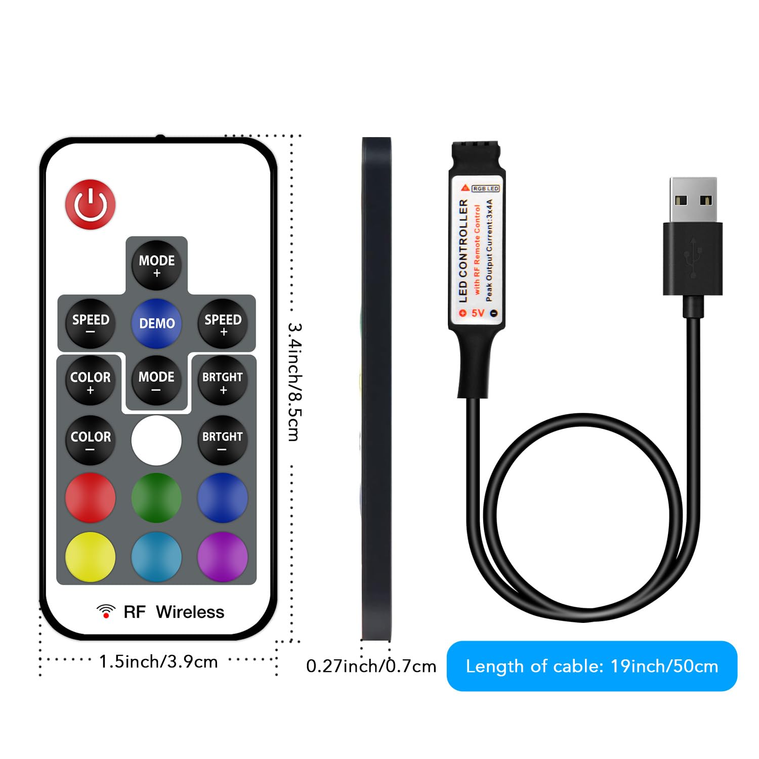 DAYBETTER RF Wireless Remote LED Controller - 5V-24V DC Dimmer for LED Strip Lights with 17-Key Remote | Mini 4-Pin RF Controller for Home, Office & Party Lighting