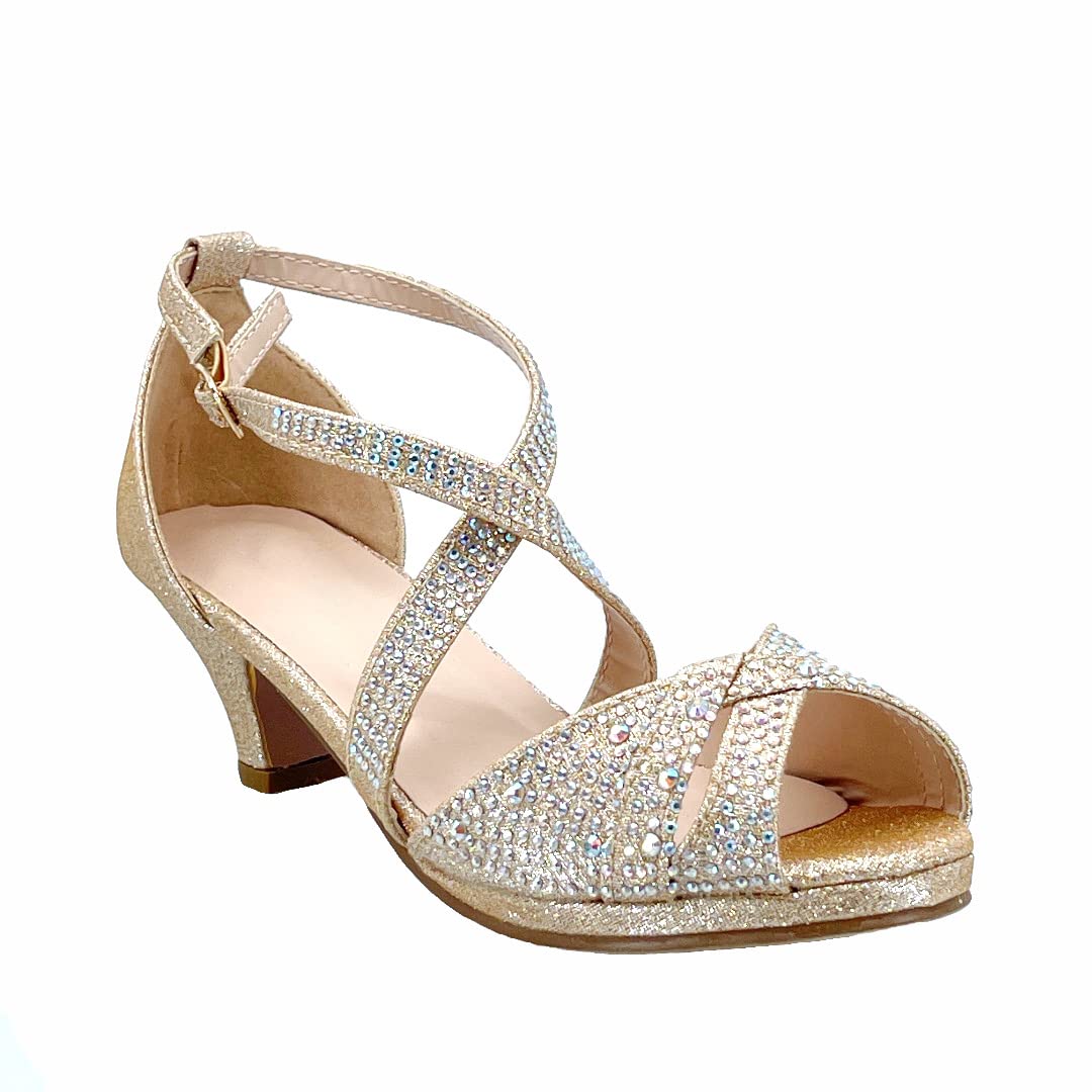 ABSOLEX Girls' Dressy Low Heel Sandals with Rhinestones & Cross Straps - Toddler/Little Kid/Big Kid Sizes - Perfect for Weddings, Parties & Special Occasions