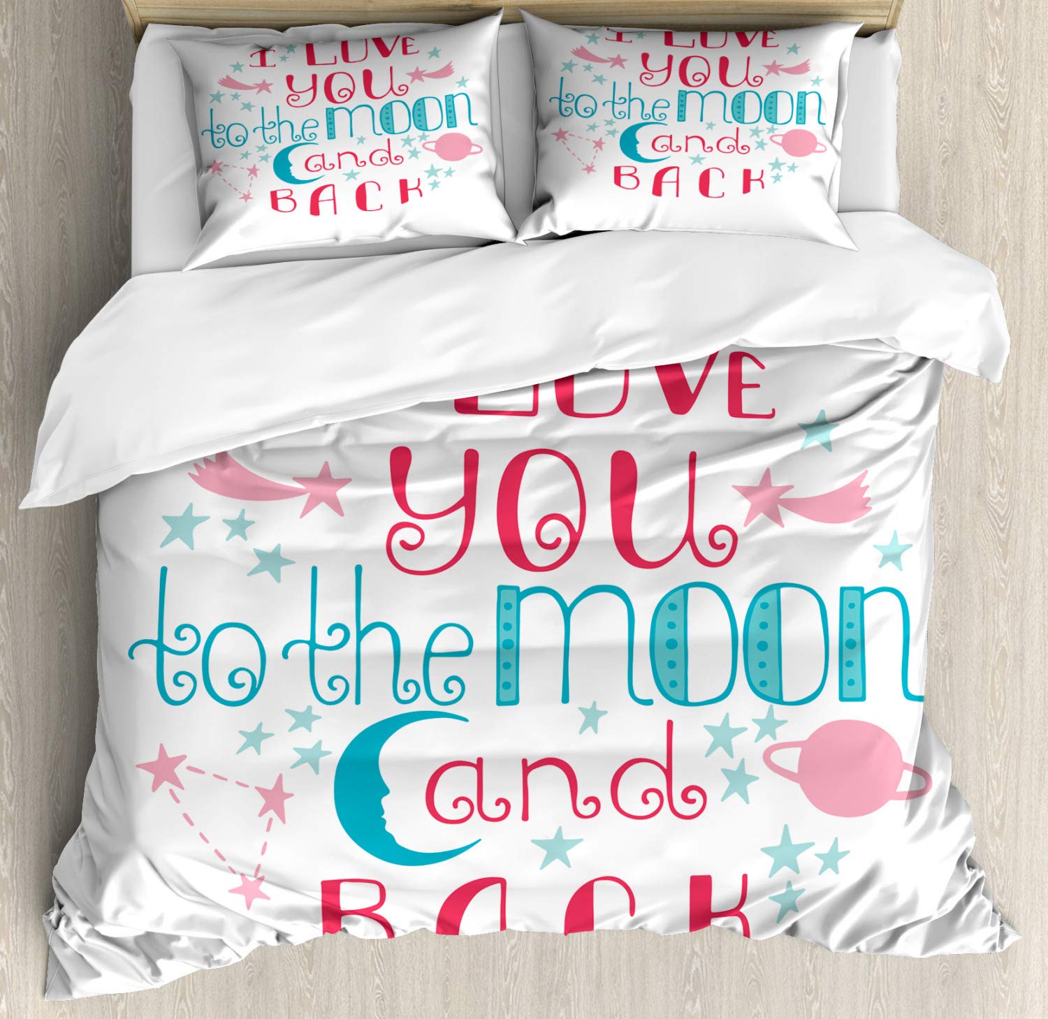 California King Duvet Cover Set - 'I Love You to The Moon and Back' Romantic Lettering Design | 3-Piece Bedding Set with 2 Pillow Shams in Turquoise & Pale Pink | Perfect for Couples' Bedroom, Anniversary Gift & Cozy Home Decor