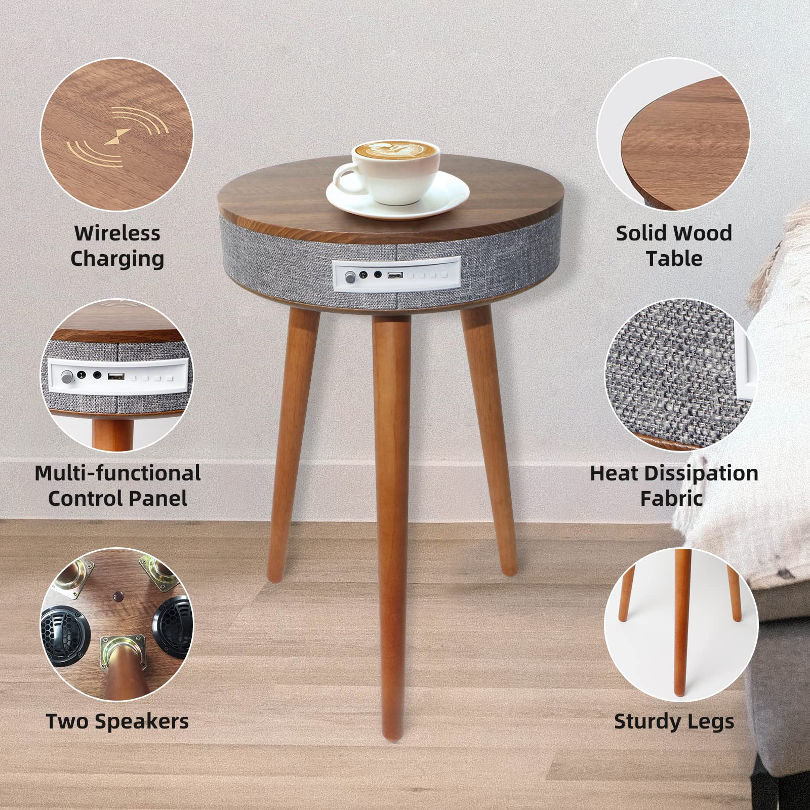 TooCust Smart End Table with Bluetooth Speaker & Wireless Charger - Round Side Table with USB Charging Ports for Bedroom, Living Room, Office - Perfect for Home Entertainment & Workspace Charging Station