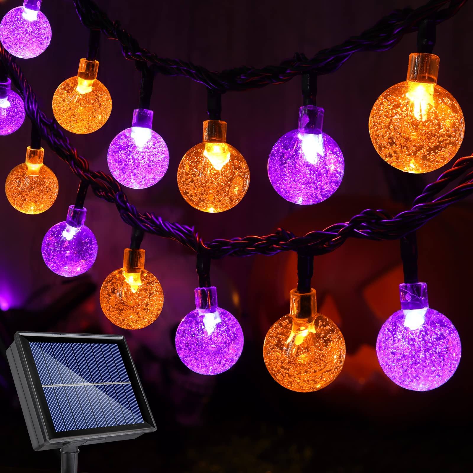 Orange Purple Solar Halloween Lights - 72FT 100 LED Waterproof Halloween Globe String Lights with 8 Lighting Modes | Perfect for Outdoor Halloween Decorations, Party Lighting, Yard & Porch Decor