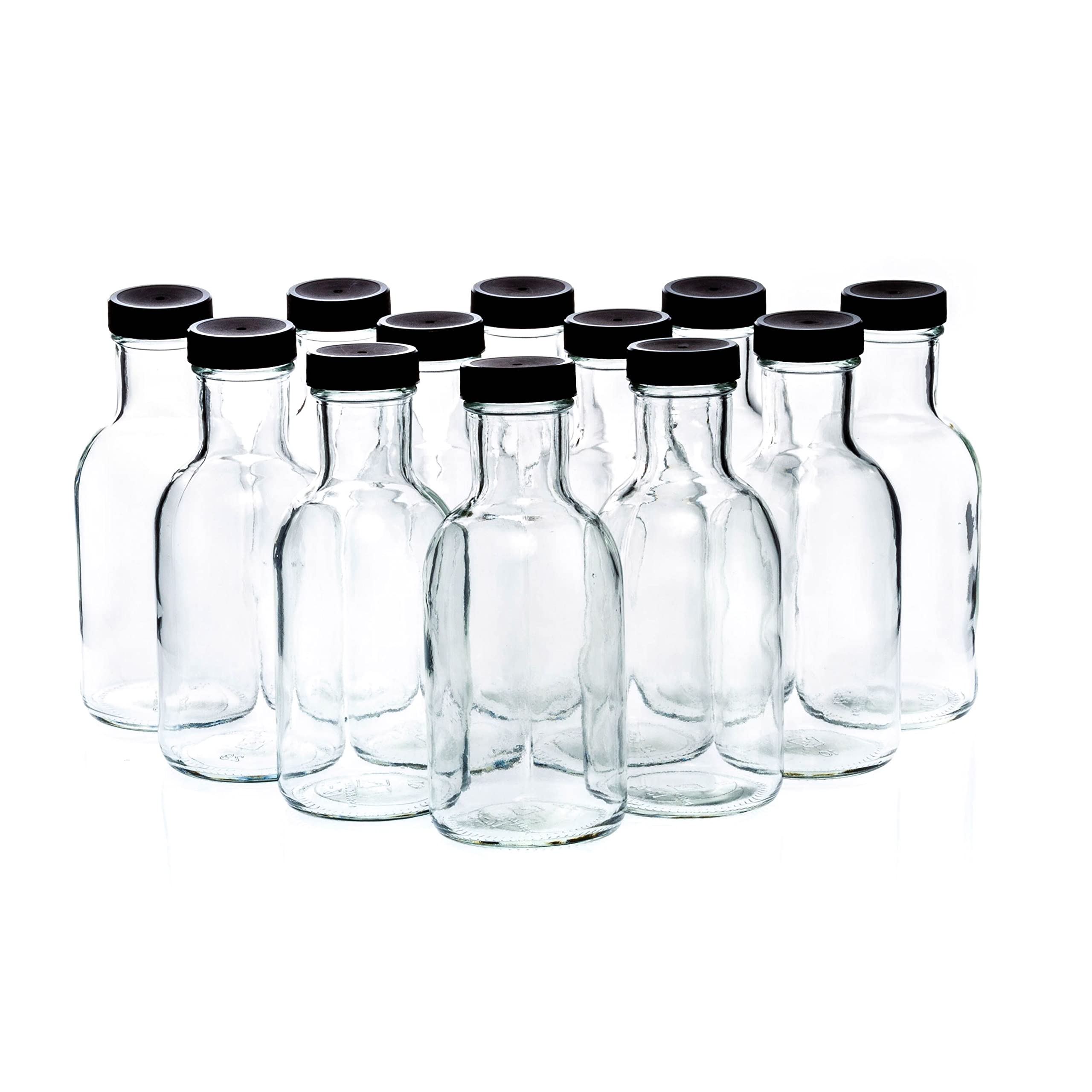 12oz Glass Bottles Set of 12 with Black Plastic Lids - Reusable Stout Flint Juice Bottles for Kombucha, Cold Brew, Essential Oils - Made in USA - Perfect for Home Brewing, DIY Projects & Gift Packaging